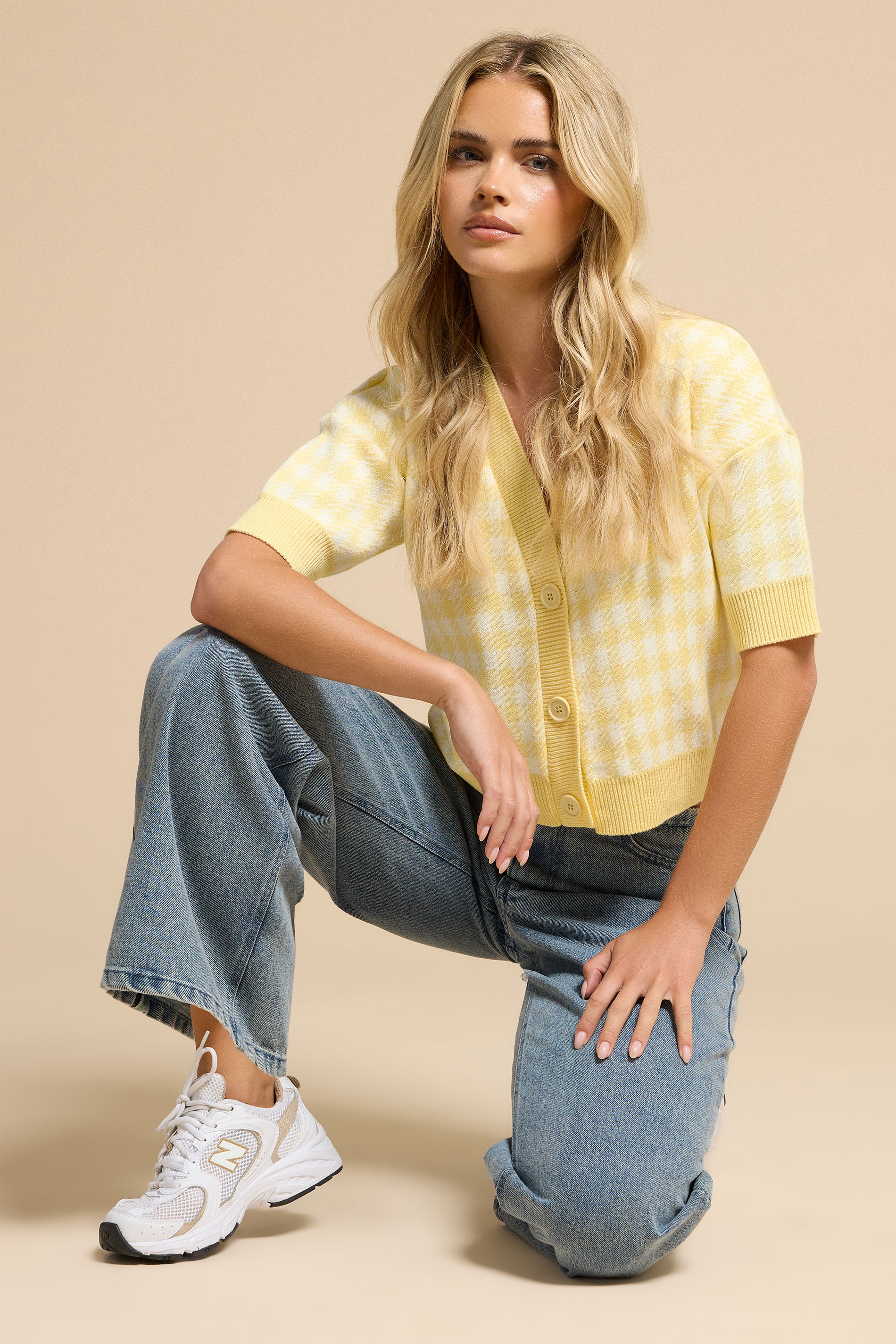 PixieGirl Petite Women's Yellow Knitted Gingham Cardigan | PixieGirl 1