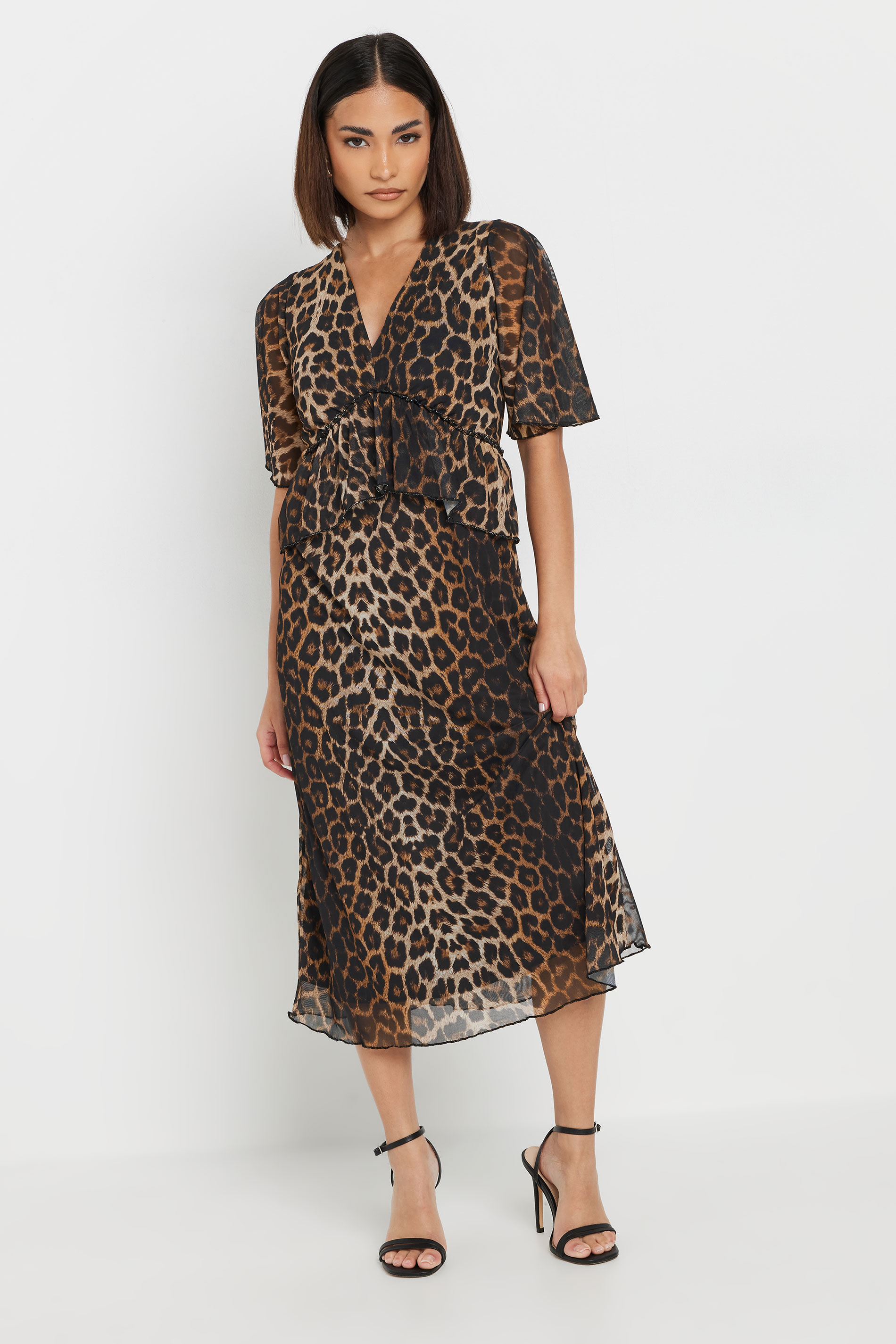 PixieGirl Petite Women's Brown Leopard Print Smock Midi Dress | PixieGirl 4