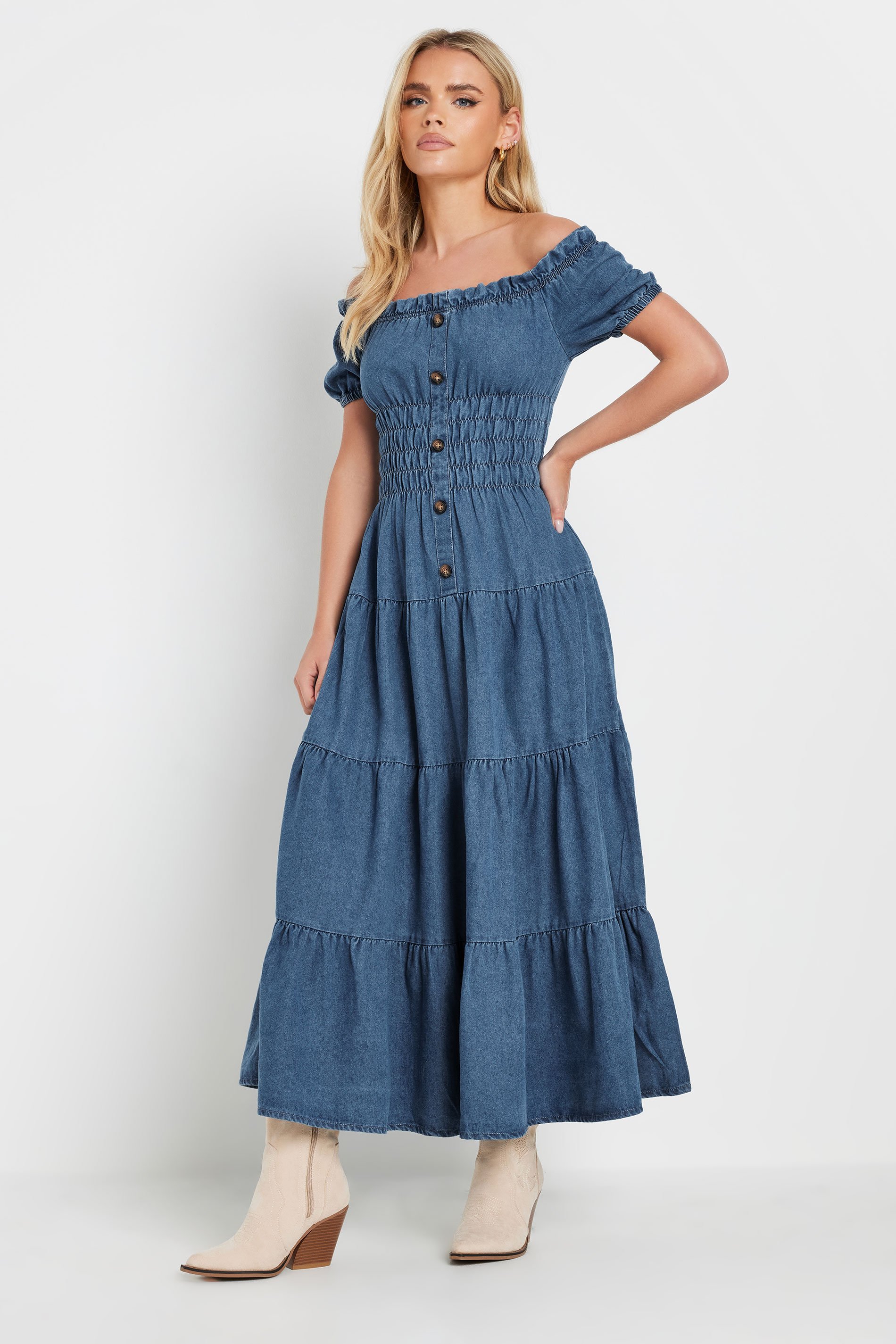 PixieGirl Petite Women's Blue Denim Tiered Bardot Maxi Dress | PixieGirl 2