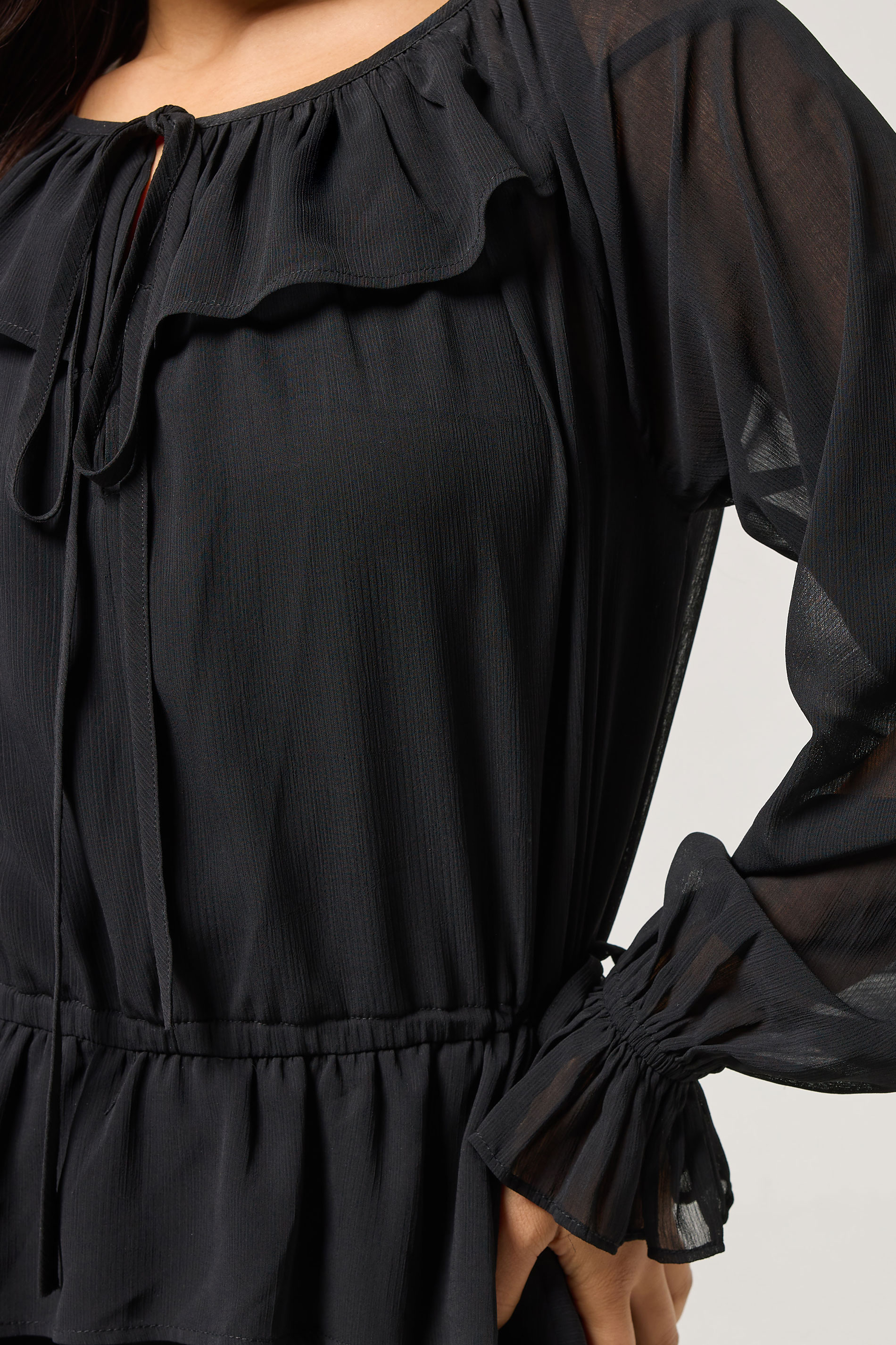 PixieGirl Petite Women's Black Chiffon Frill Tie Waist Maxi Dress | PixieGirl 5