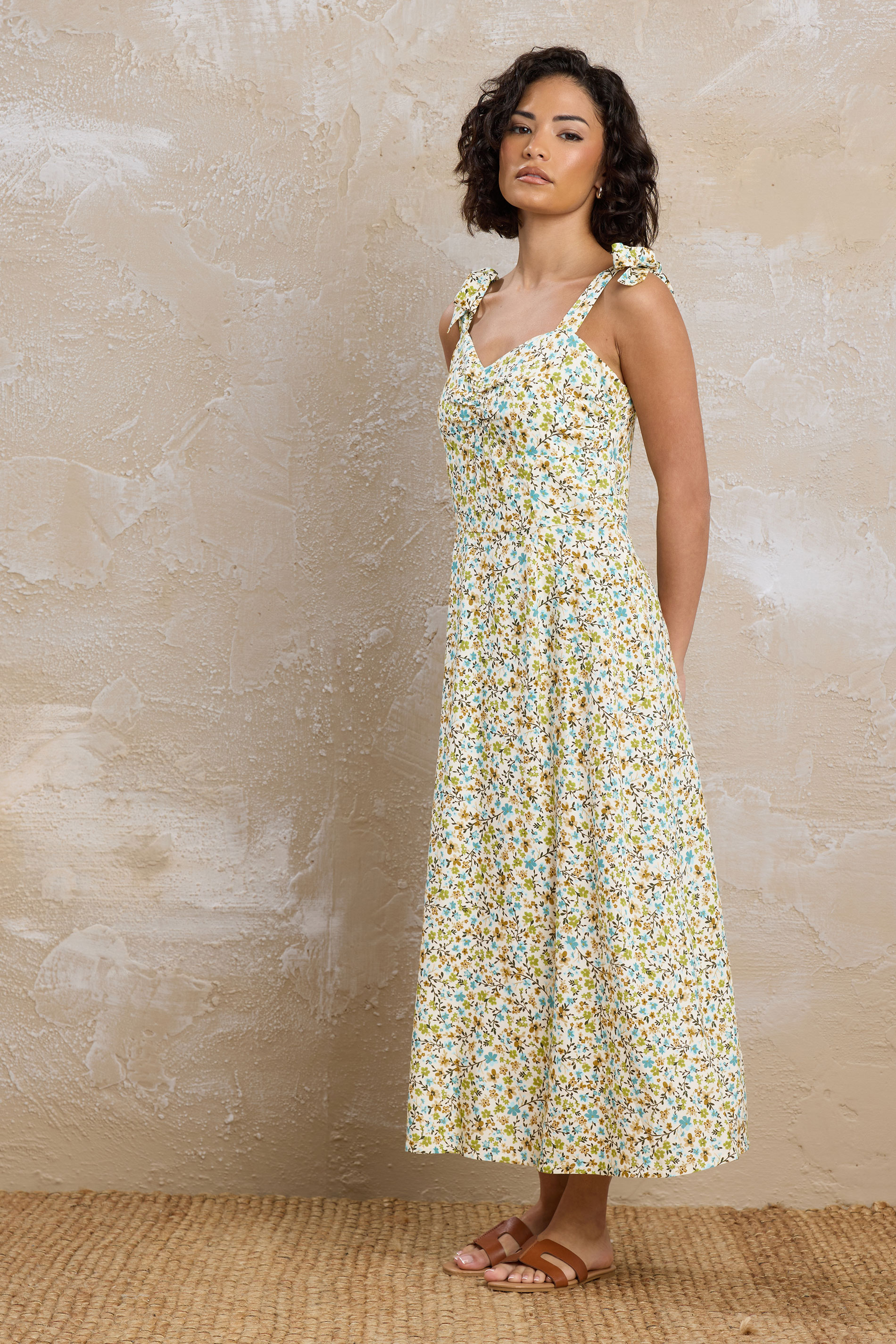 PixieGirl Petite Women's Green Ditsy Floral Tie Shoulder Midi Dress | PixieGirl 3