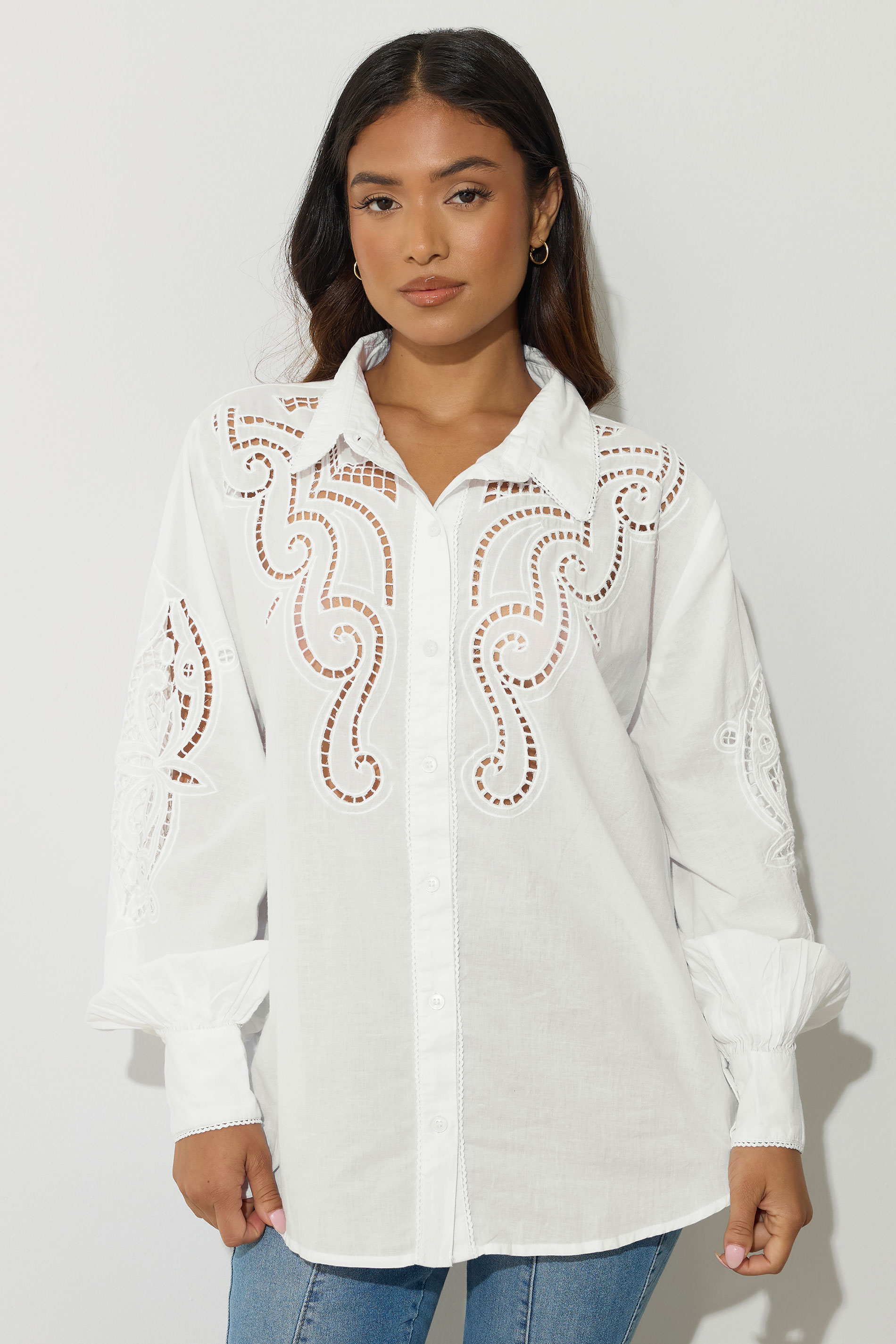 PixieGirl Petite Women's White Crochet Long Sleeve Shirt | PixieGirl 2