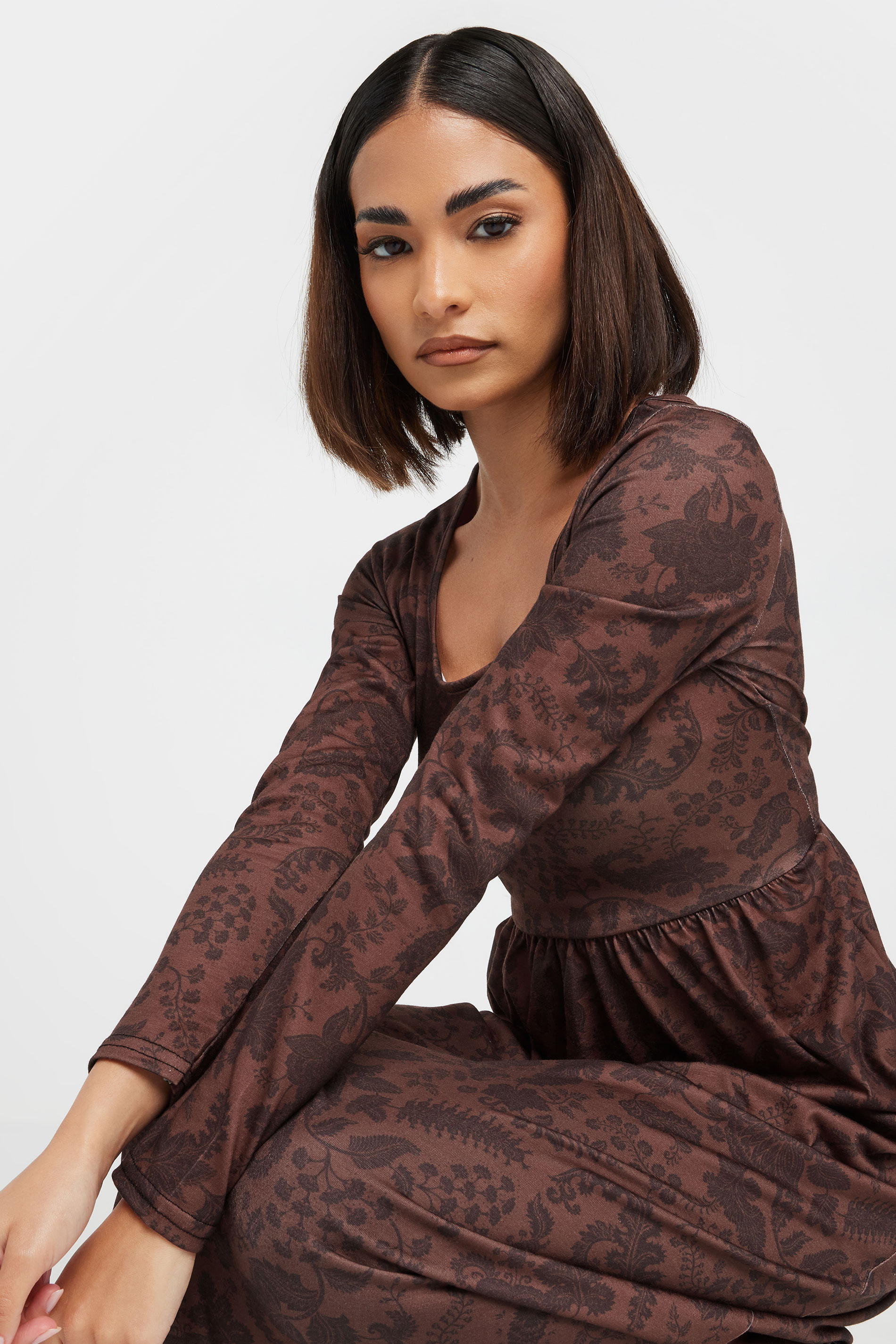 PixieGirl Petite Women's Brown Paisley Print Midi Tea Dress | PixieGirl 3