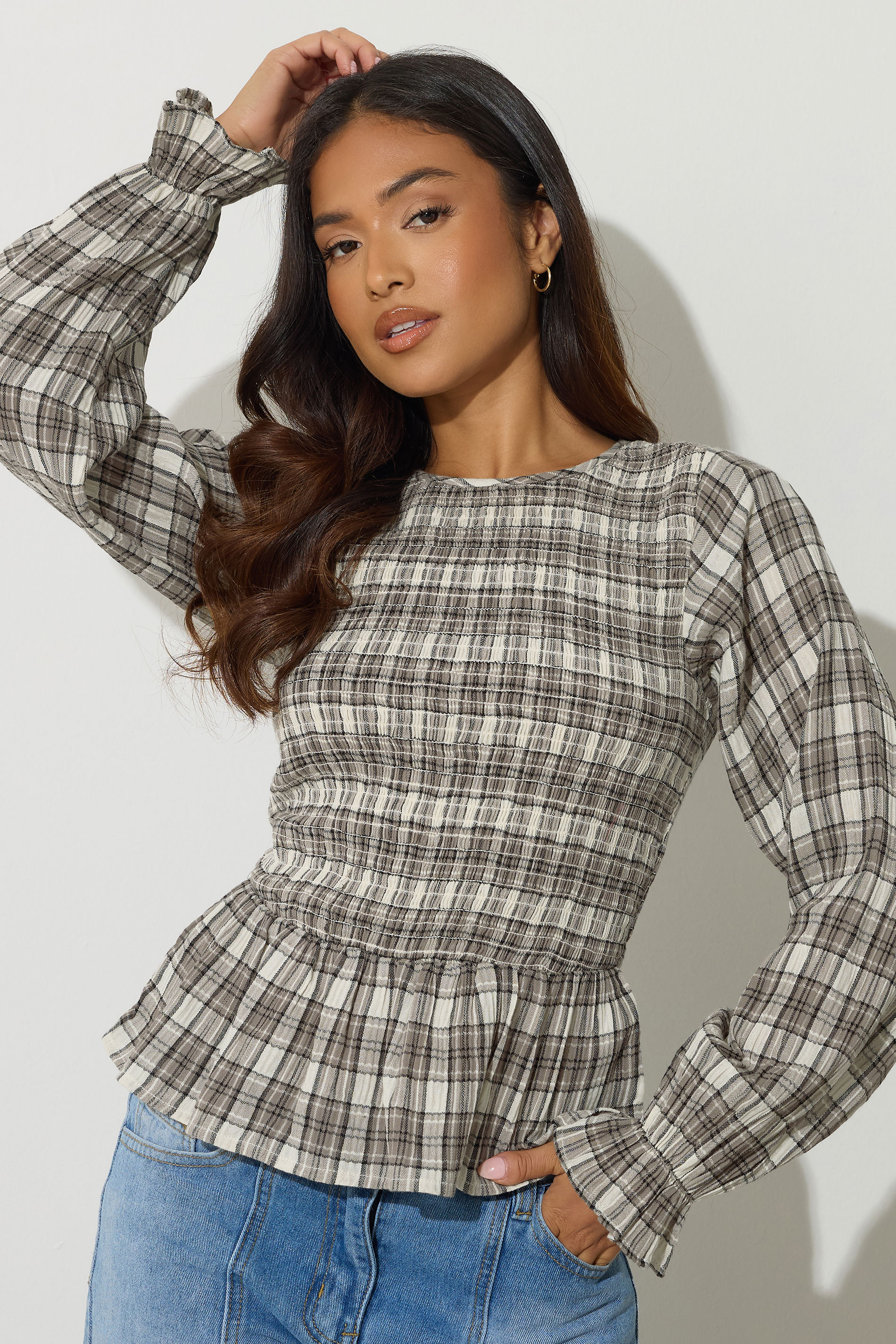 PixieGirl Petite Women's Brown Check Shirred Long Sleeve Top | PixieGirl 4