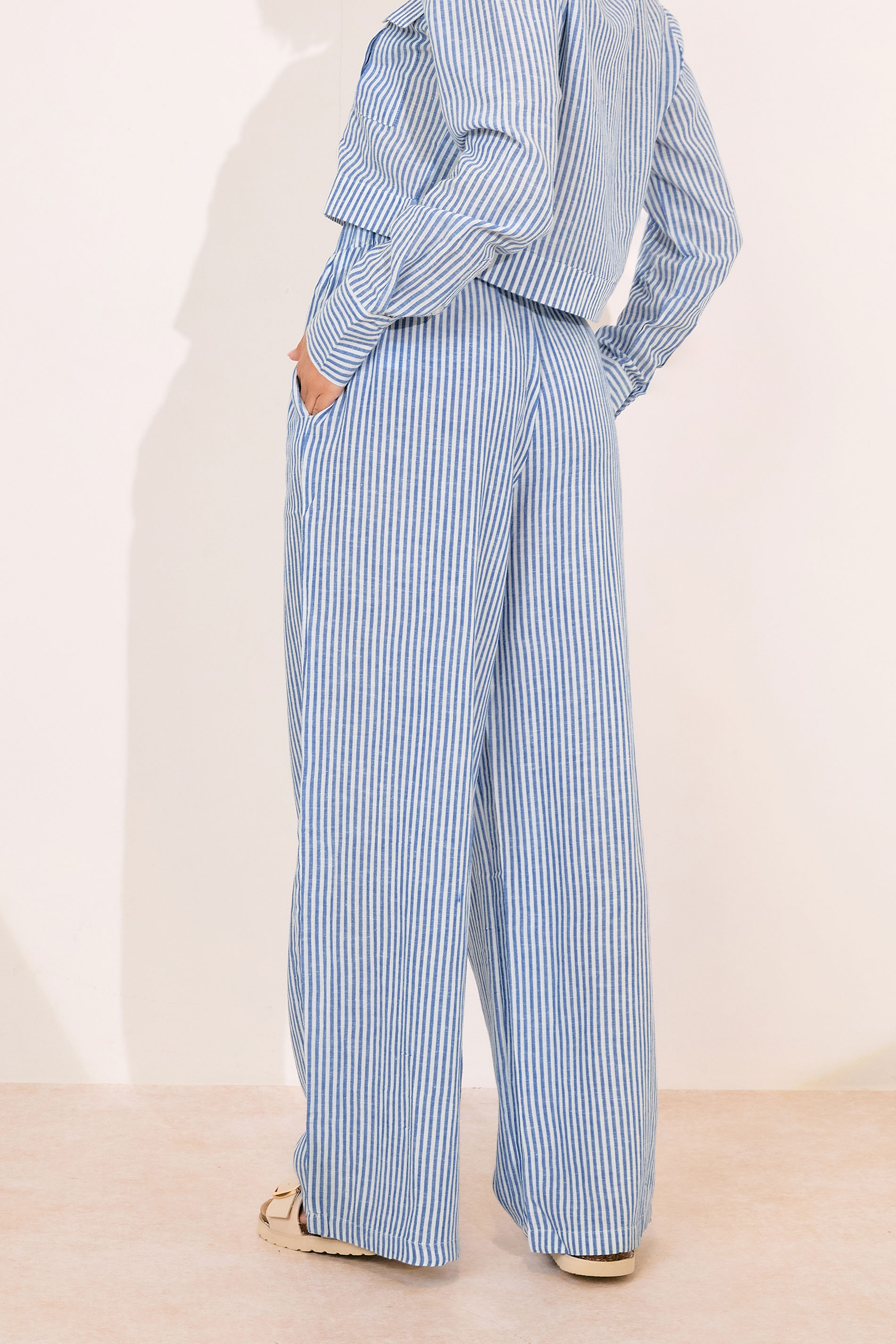 PixieGirl Petite Women's Blue Linen Striped Wide Leg Trousers | PixieGirl 3