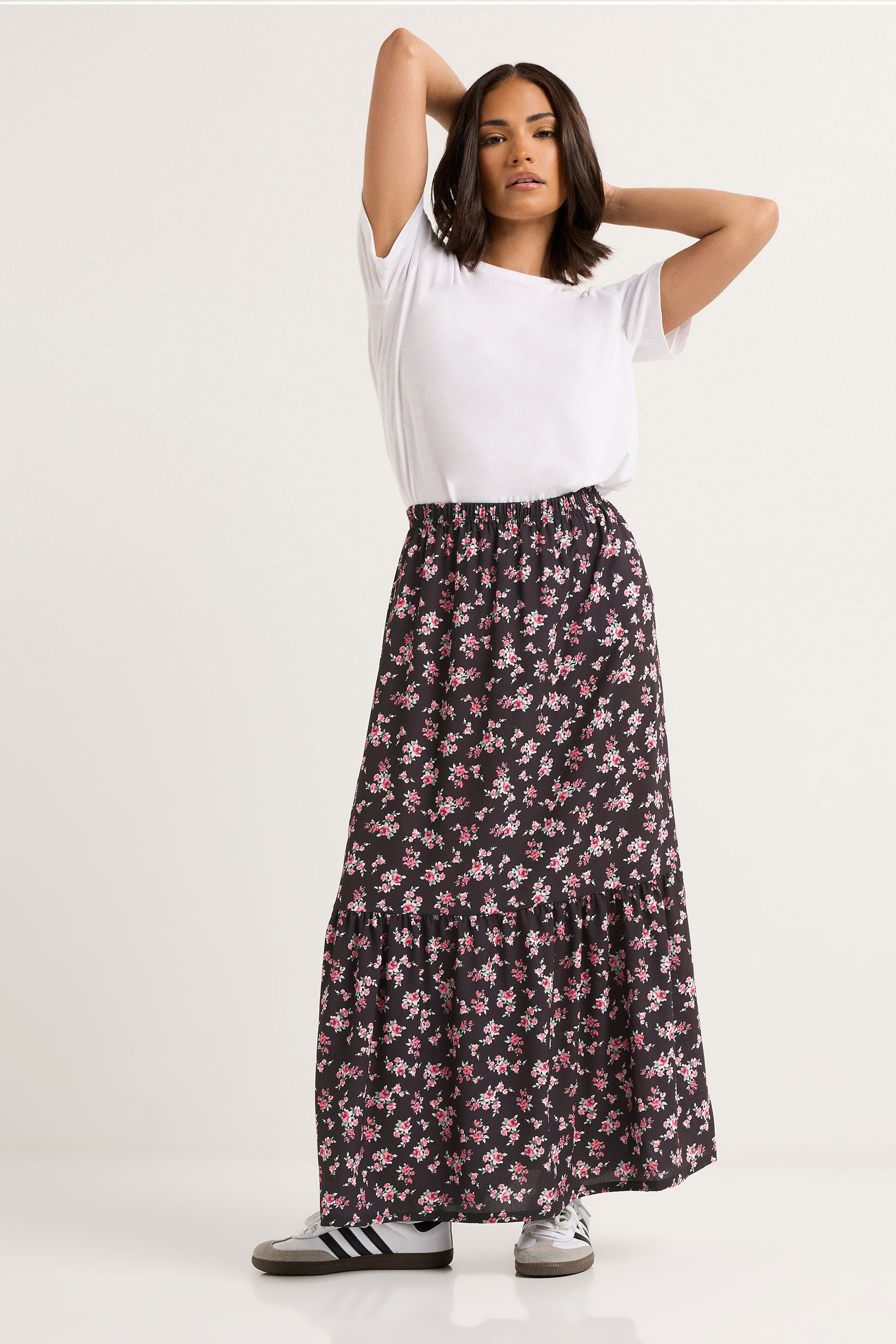 PixieGirl Petite Women's Black Ditsy Floral Tiered Maxi Skirt | PixieGirl 1