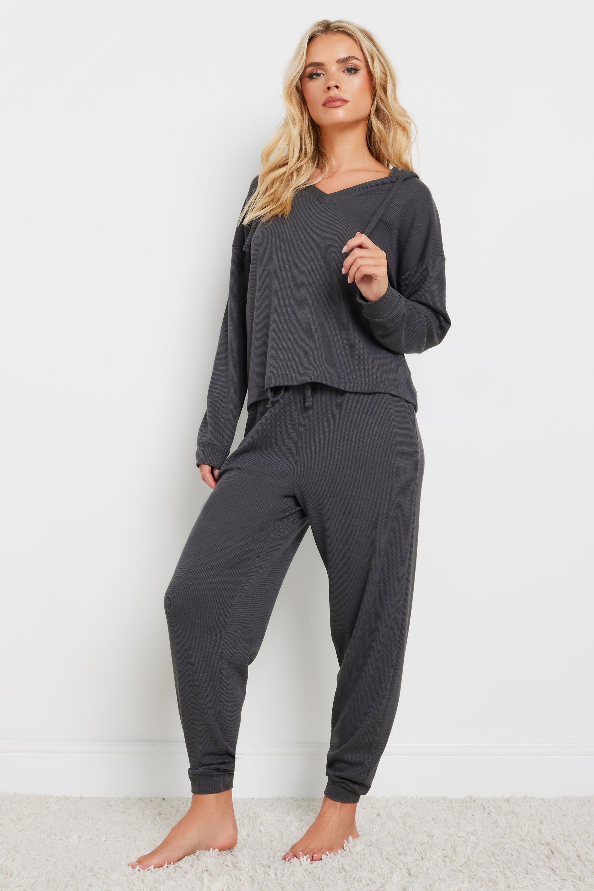 PixieGirl Petite Women's Charcoal Grey Waffle Lounge Hoodie | PixieGirl 3