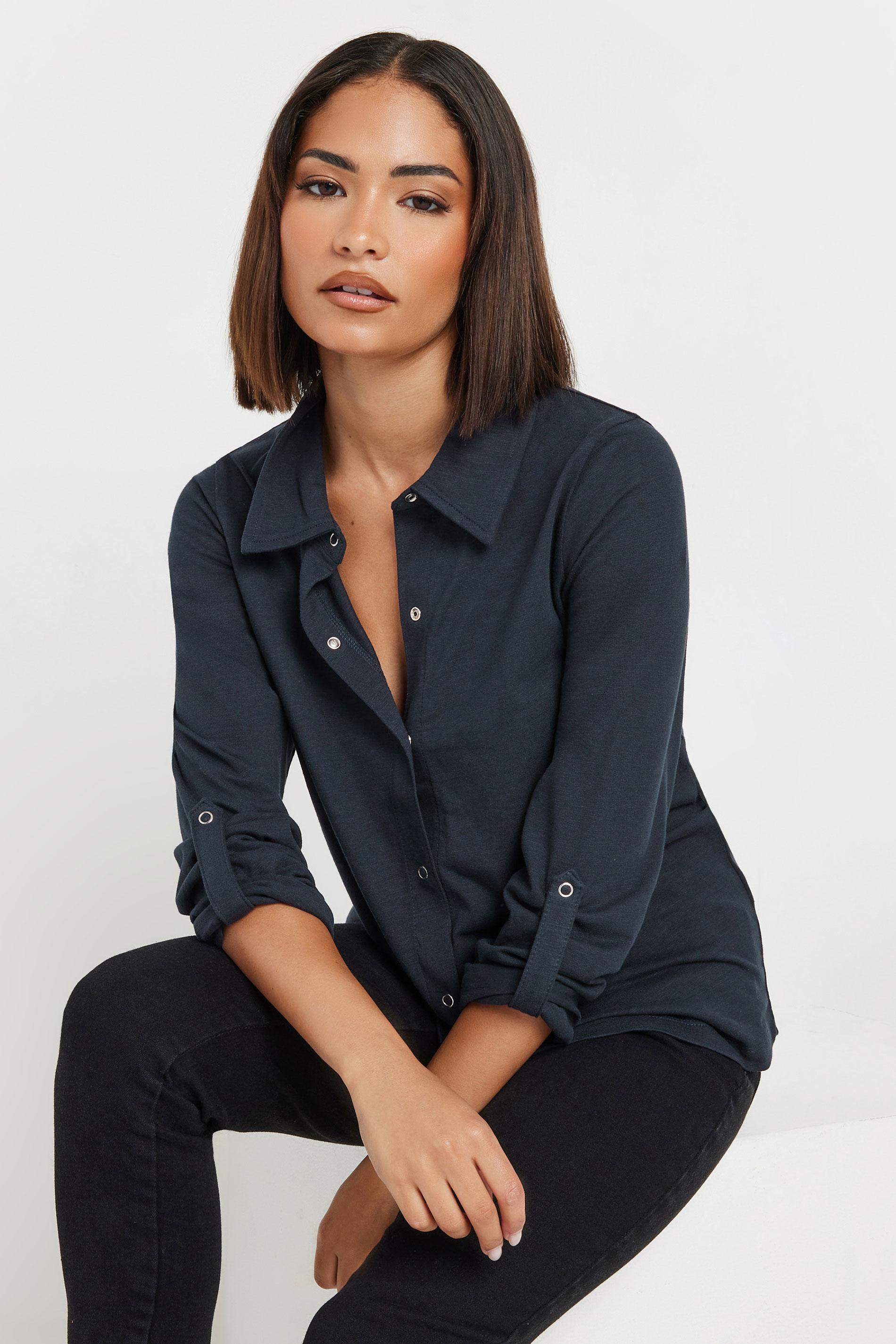 PixieGirl Petite Women's Navy Blue Rolled Sleeve Shirt | PixieGirl 1
