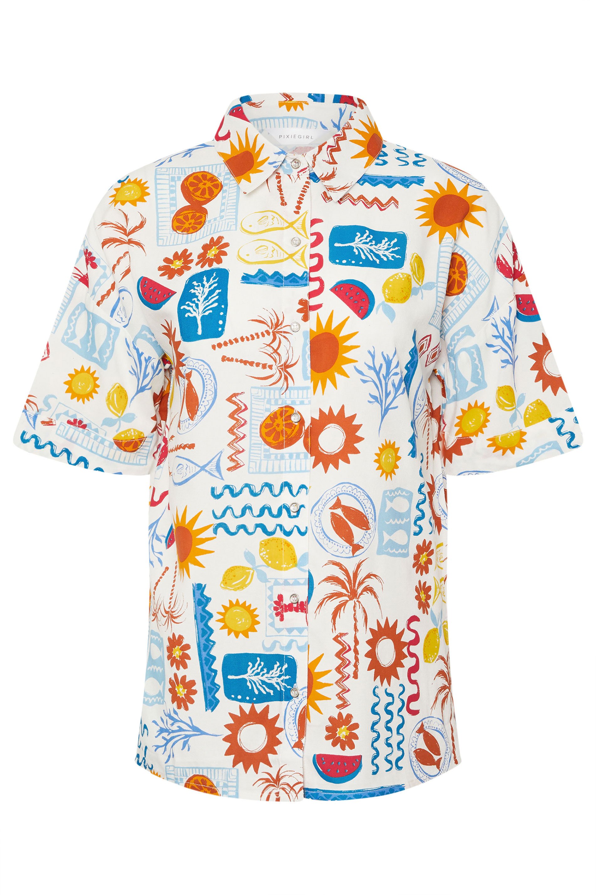 PixieGirl Petite Women's White Postcard Graphic Short Sleeve Shirt | PixieGirl 6