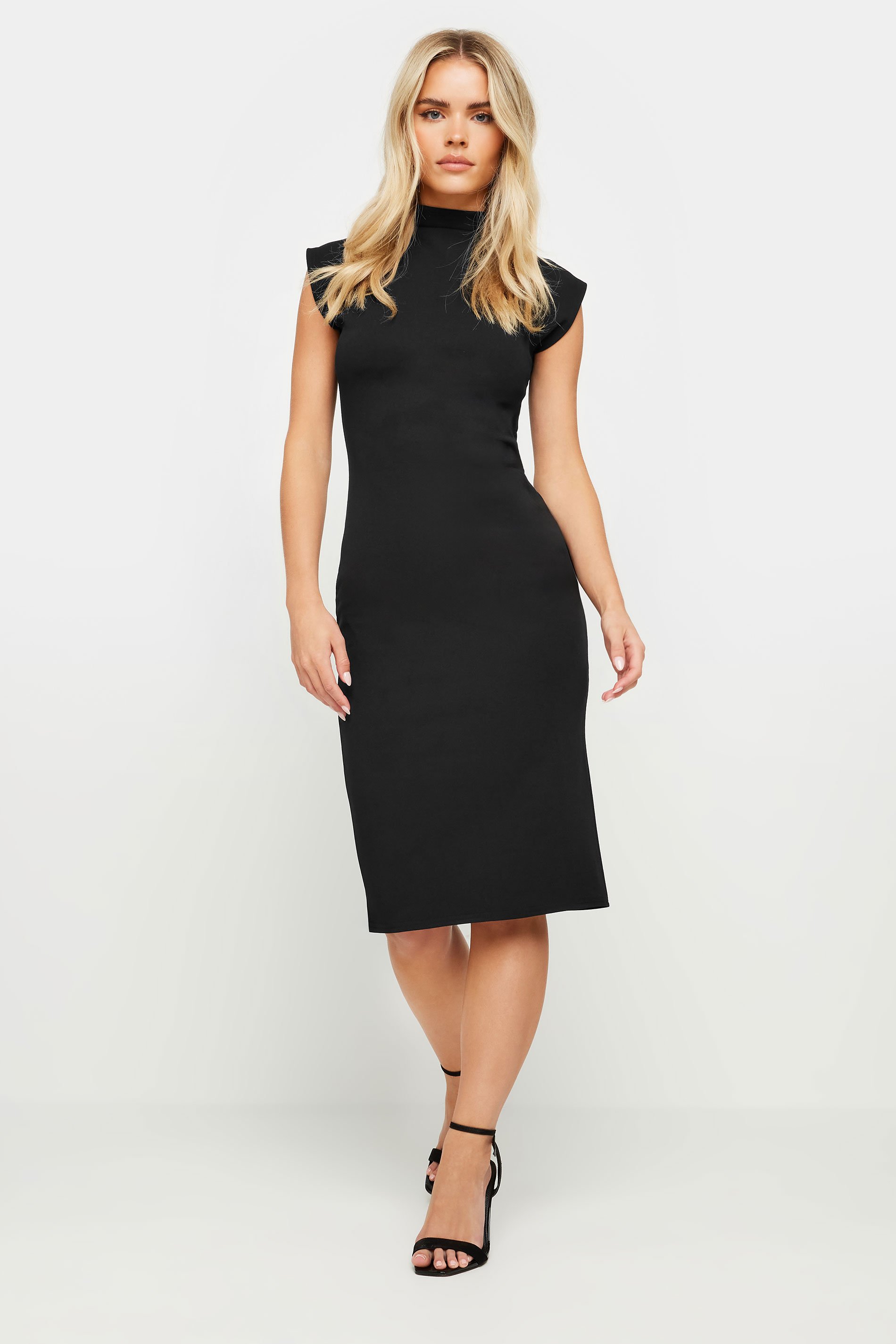 PixieGirl Petite Women's Black Funnel Neck Scuba Midi Dress | PixieGirl 2