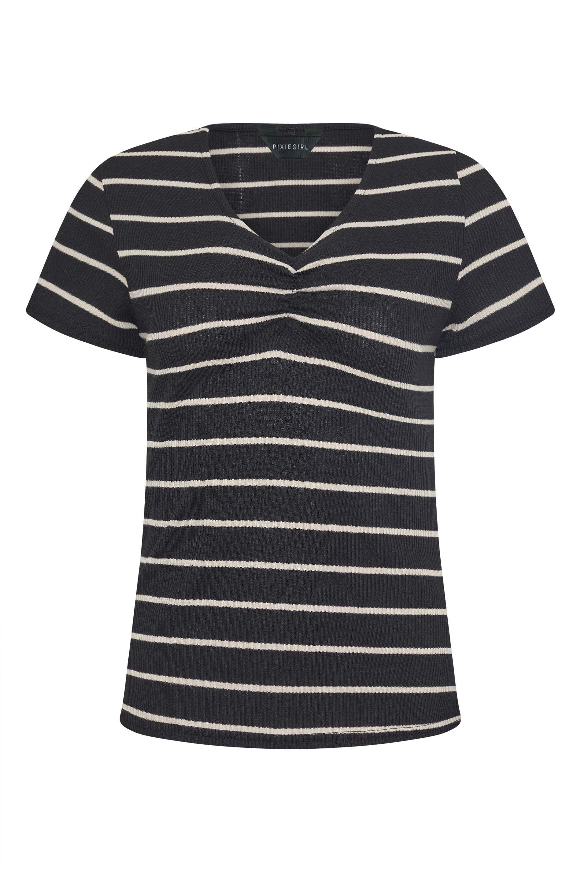Petite Black Stripe Print Ruched Front T-Shirt | PixieGirl 6