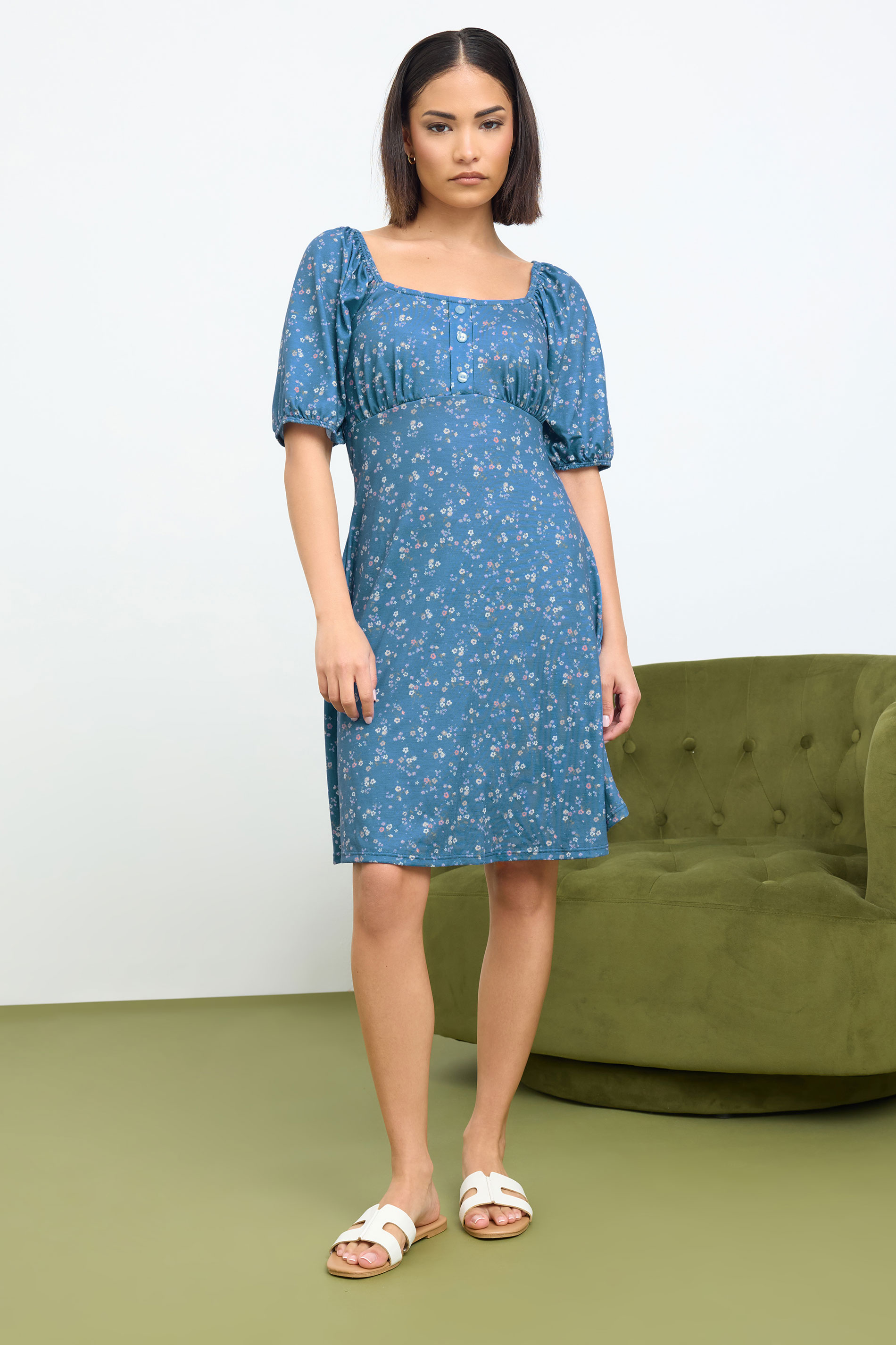 PixieGirl Petite Women's Blue Ditsy Floral Print Mini Dress | PixieGirl 1