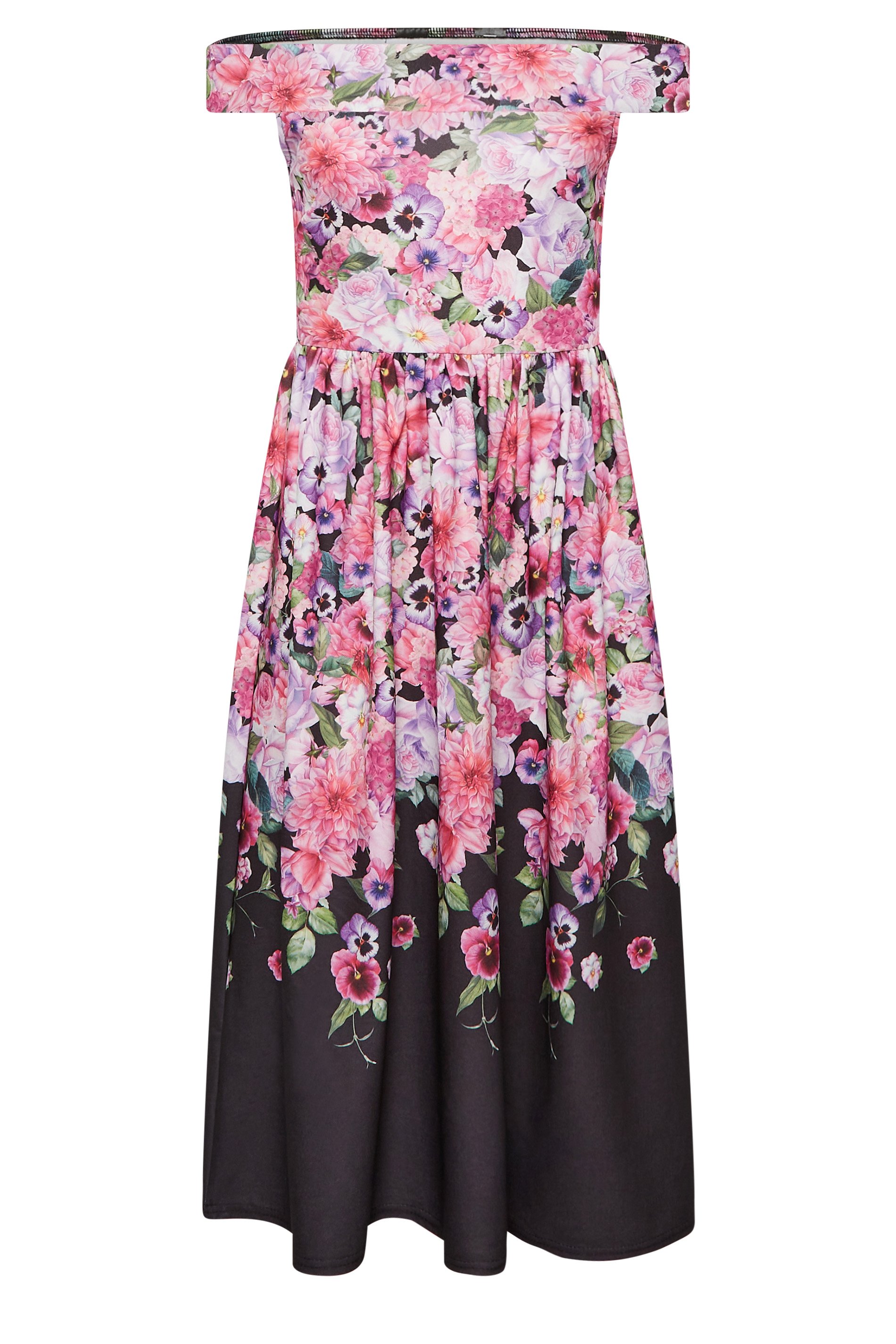 PixieGirl Black Floral Border Bardot Dress | PixieGirl 7
