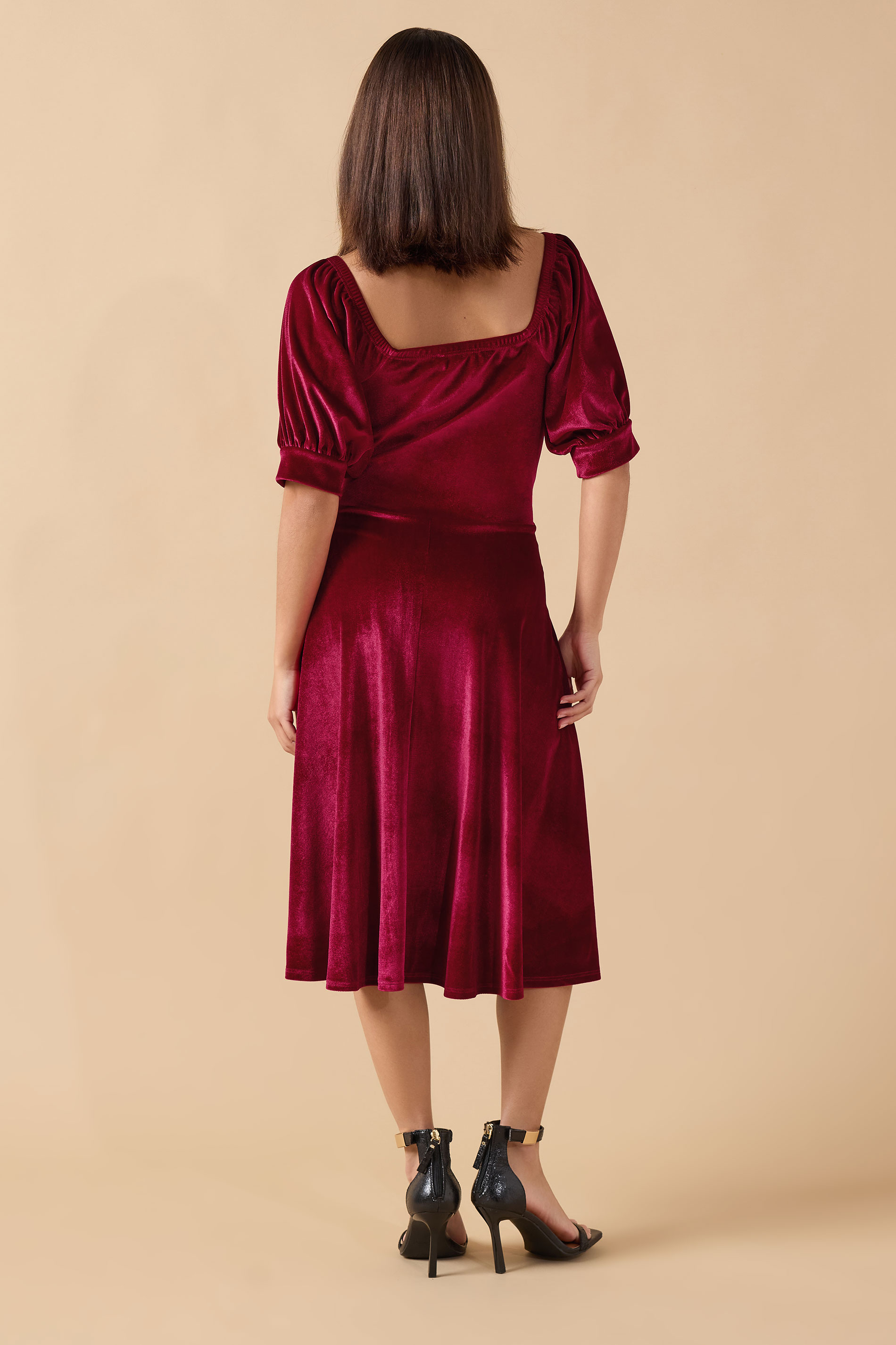 PixieGirl Petite Women's Burgundy Red Square Neck Velvet Dress | PixieGirl 3