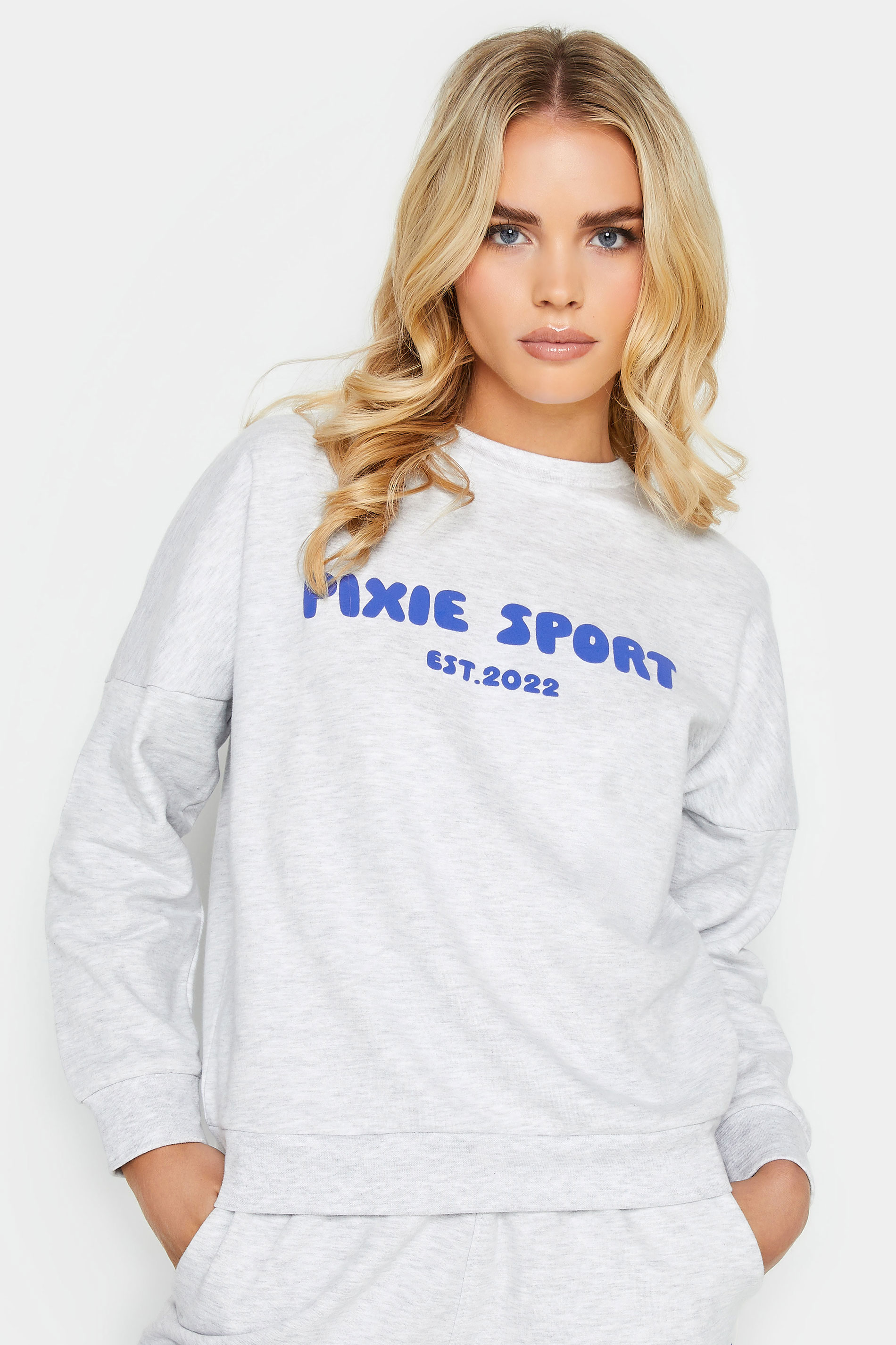 PixieGirl Petite Womens Grey 'Pixie Sport' Slogan Sweatshirt & Jogger Set | PixieGirl 2