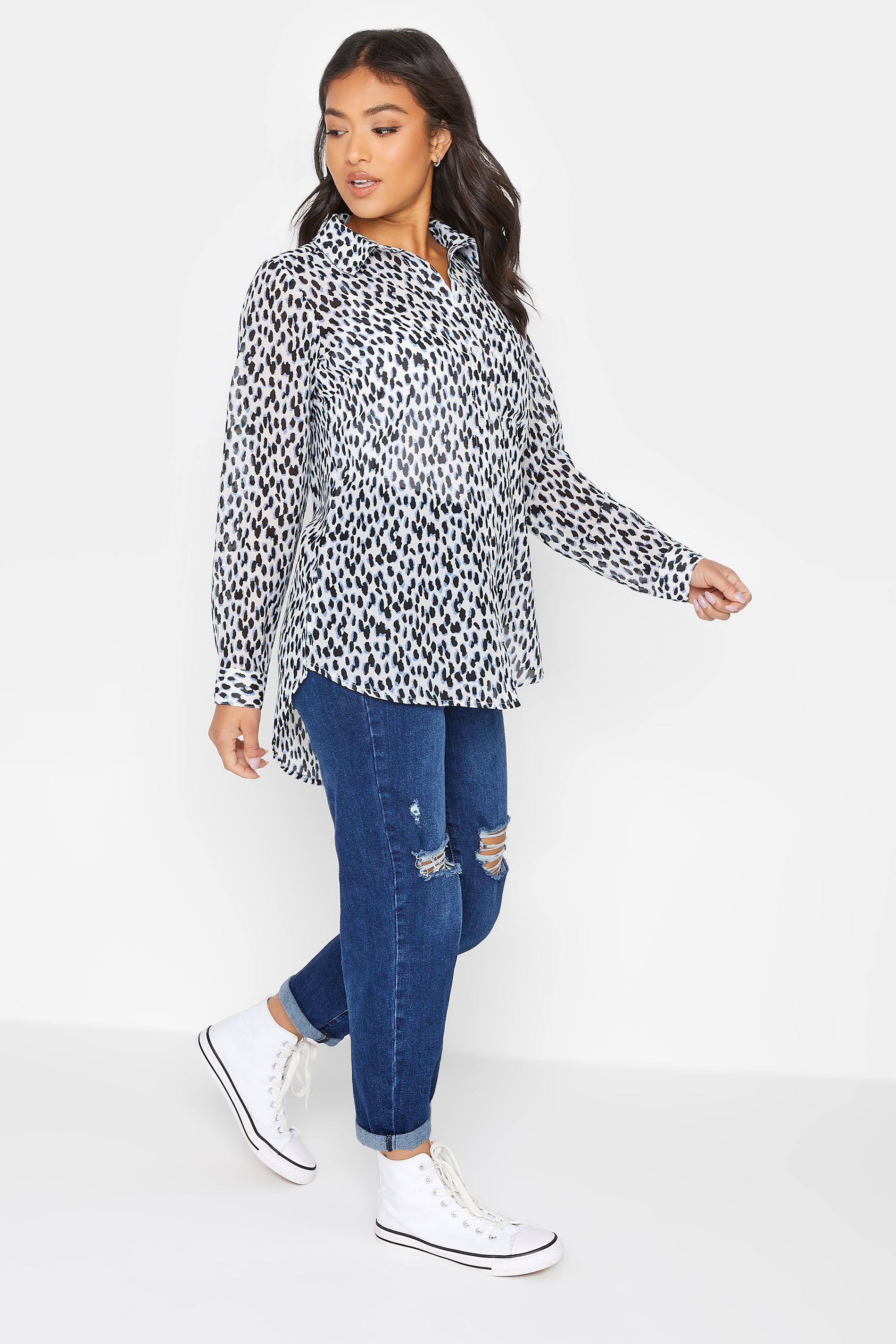 Petite Blue & White Leopard Print Oversized Shirt | PixieGirl 2