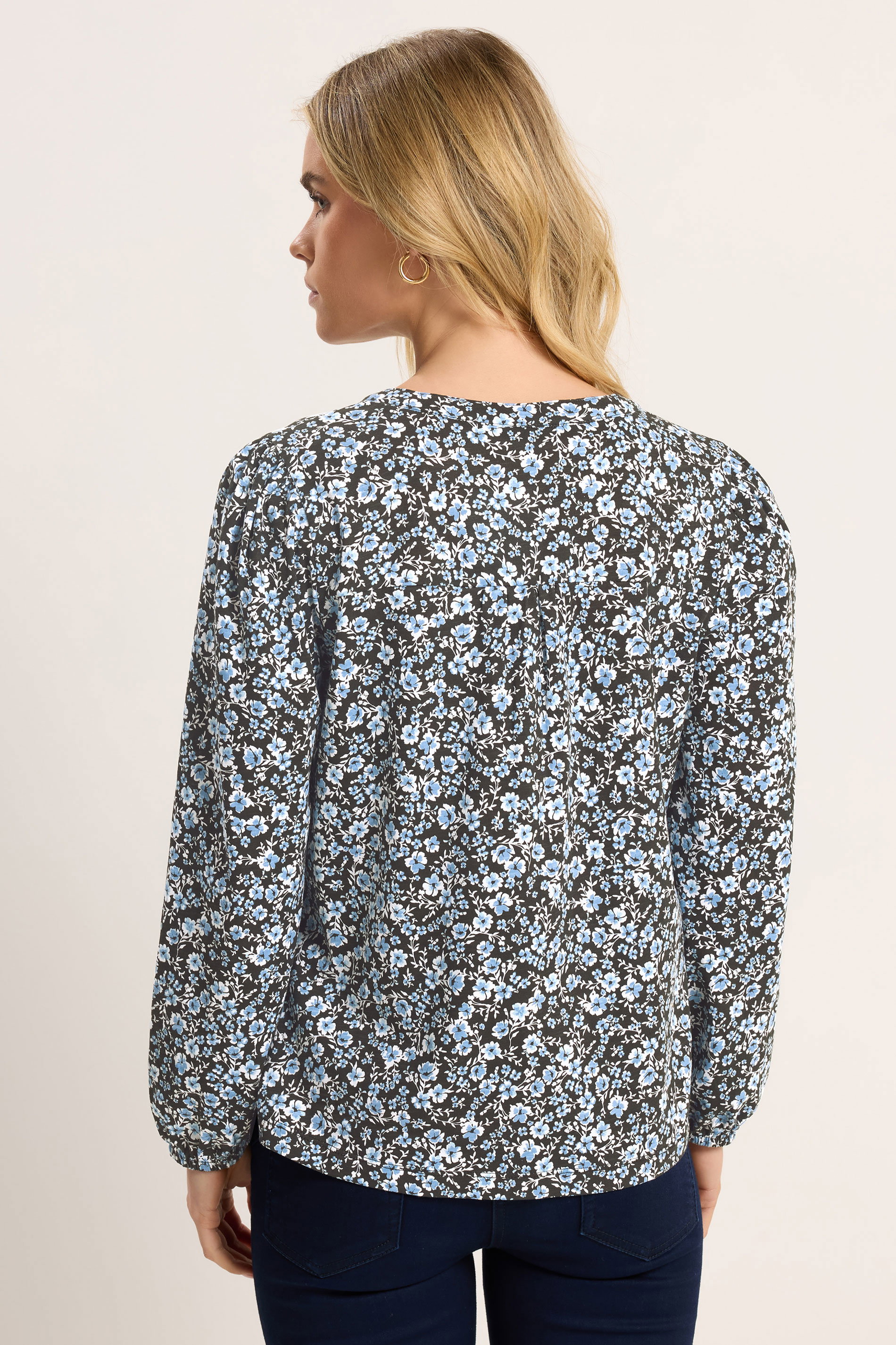 M&Co Petite Blue Floral Cotton Long Sleeve Top | M&Co 2