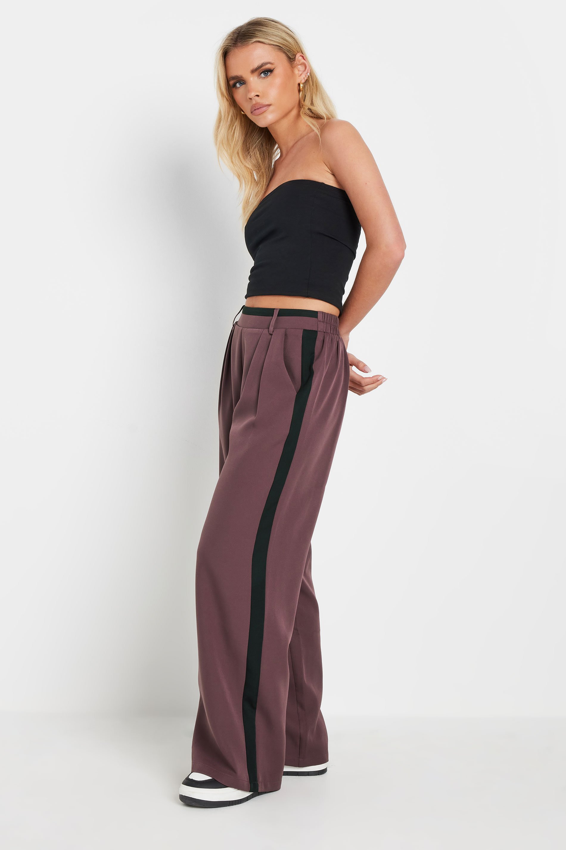 PixieGirl Petite Women's Purple Side Stripe Contrast Waist Wide Leg Trousers | PixieGirl 1