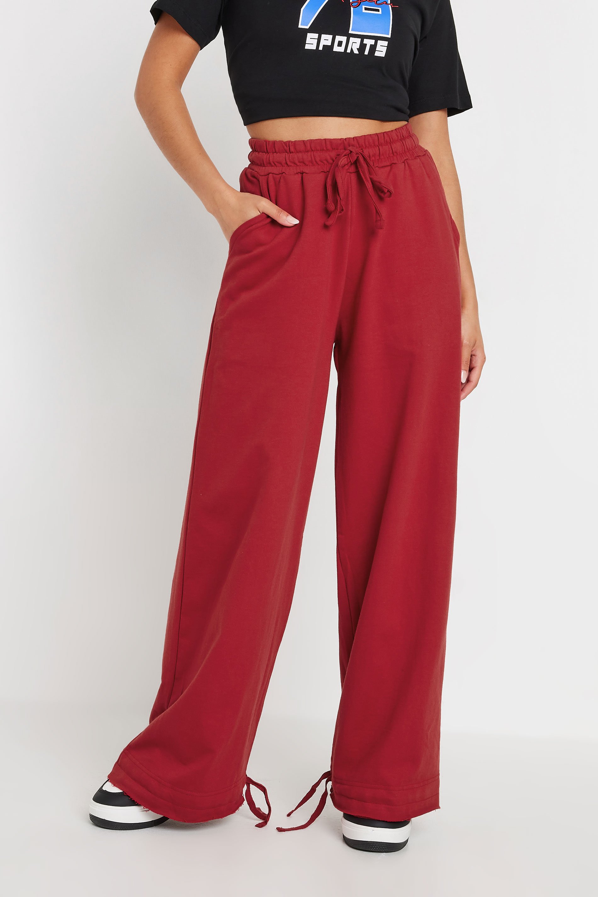 PixieGirl Petite Women's Red Wide Leg Hem Detail Jogger | PixieGirl 2
