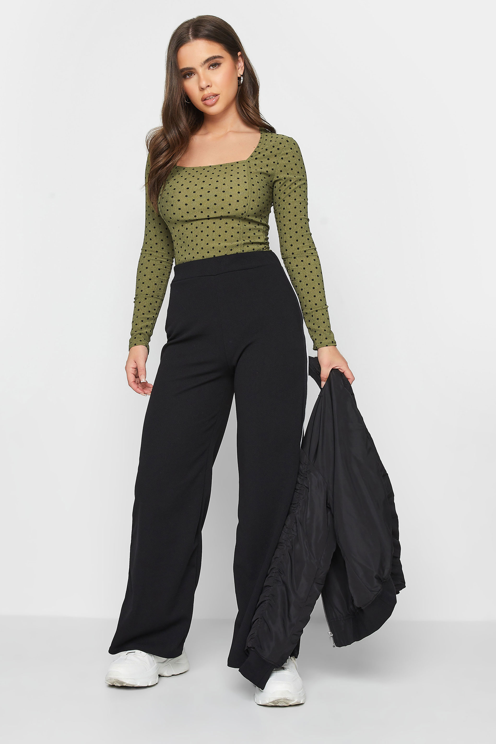 PixieGirl 2 PACK Black & Khaki Green Spot Print Square Neck Tops | PixieGirl 4