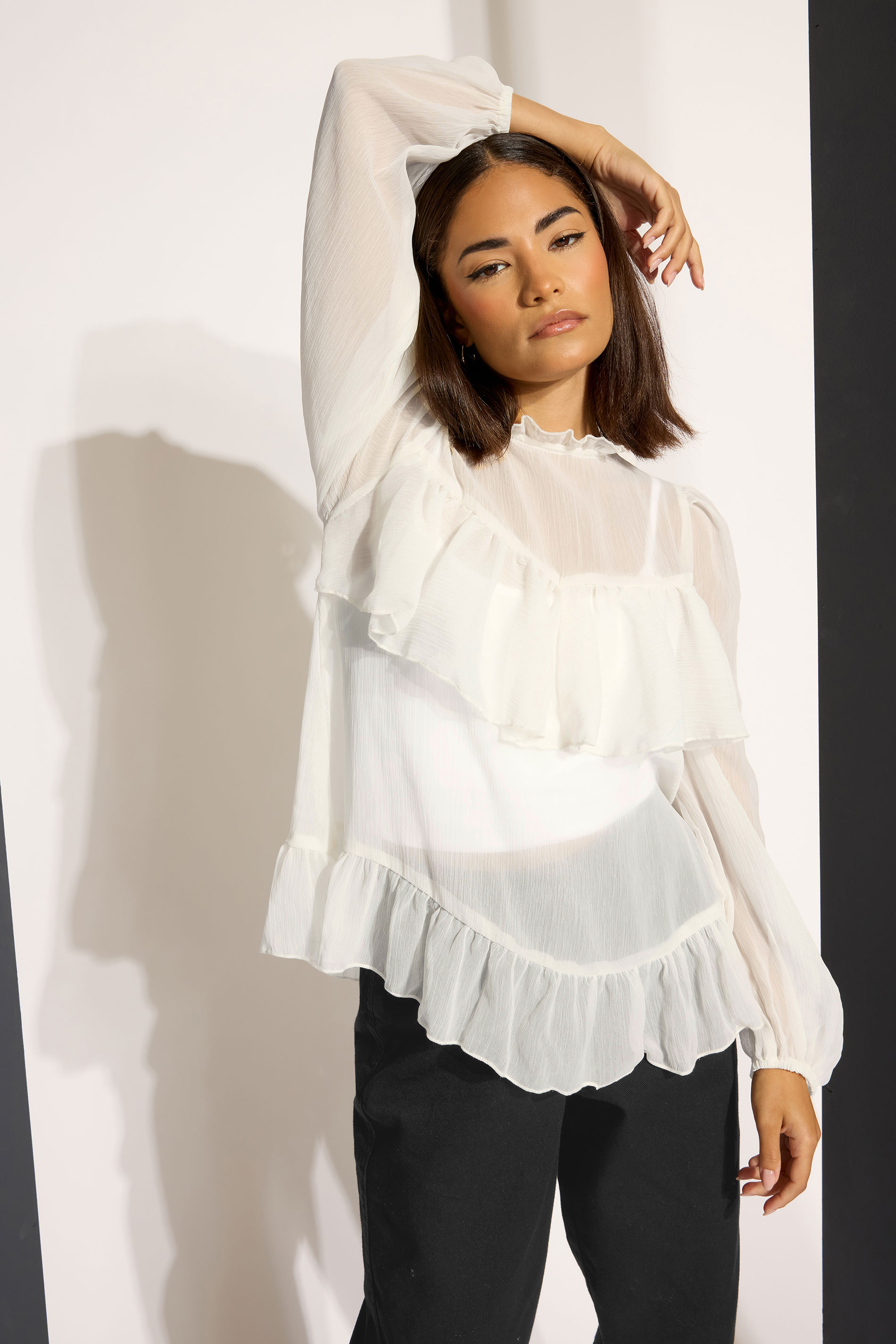 PixieGirl Petite Women's Ivory White Chiffon Frill Blouse | Long Tall Sally 1