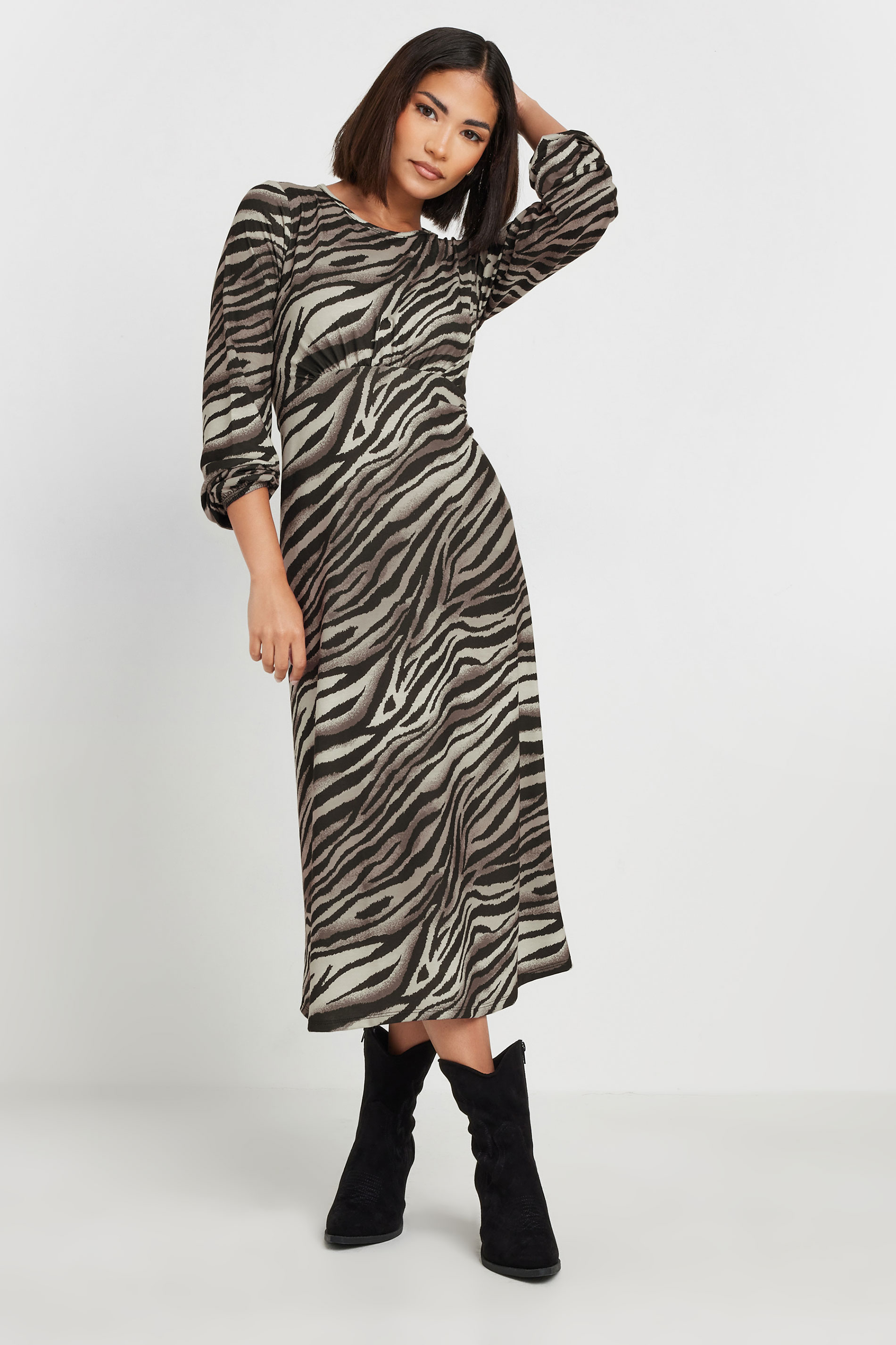 PixieGirl Petite Women's Brown Zebra Print Long Sleeve Midi Dress | PixieGirl 1