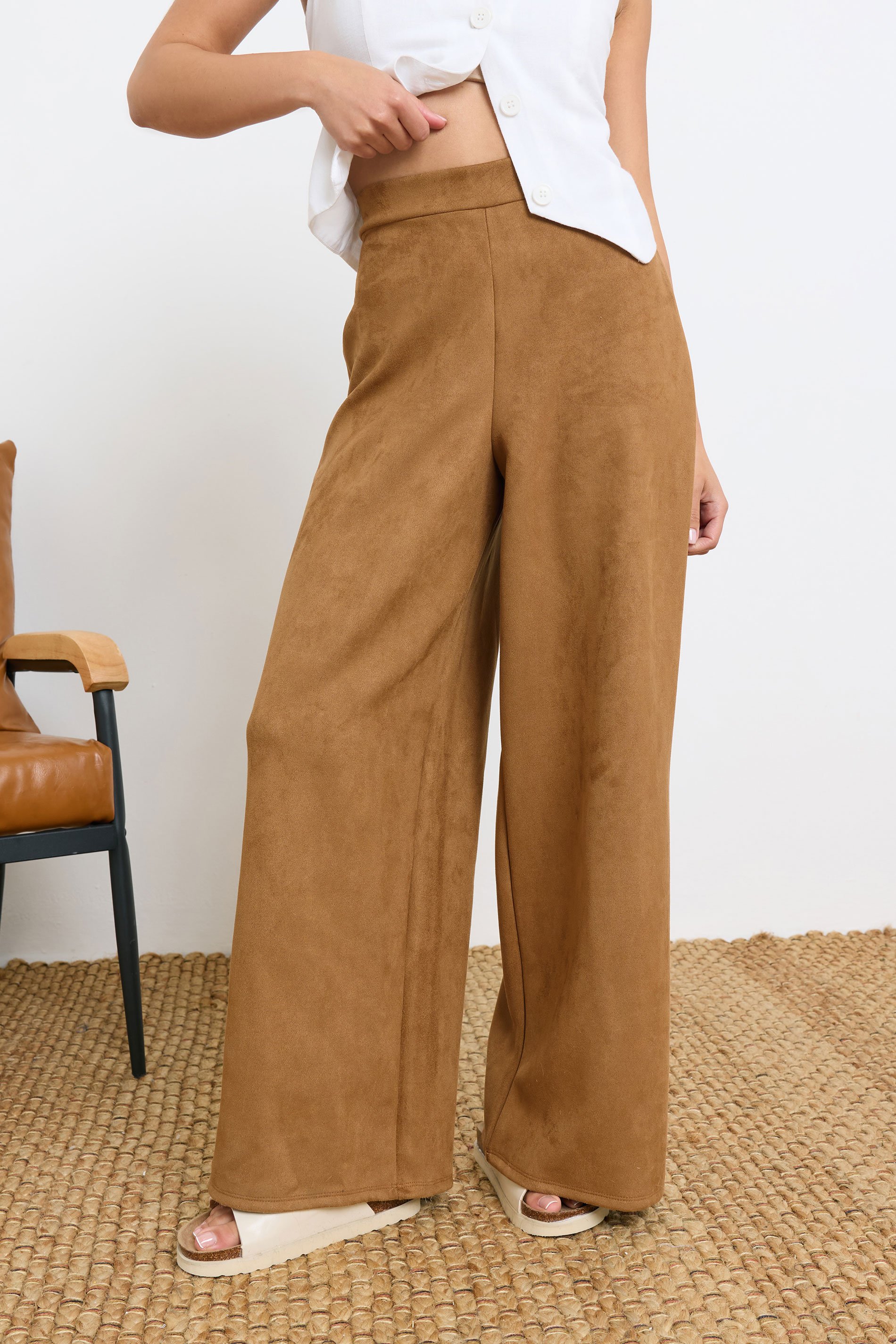 PixieGirl Petite Women's Camel Brown Suedette Wide Leg Trousers | PixieGirl 1