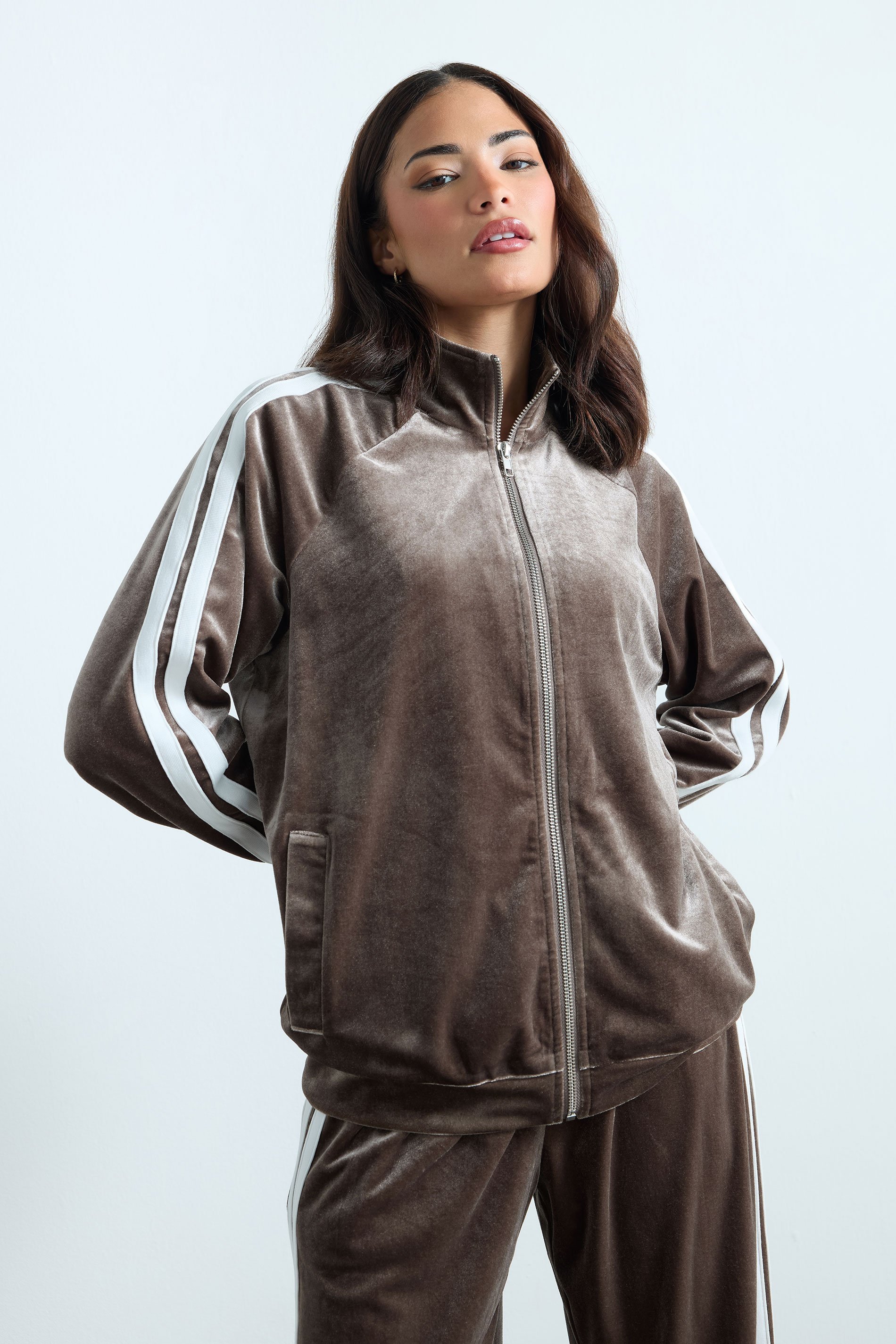 PixieGirl Petite Women's Brown Side Stripe Velvet Jacket | PixieGirl 1