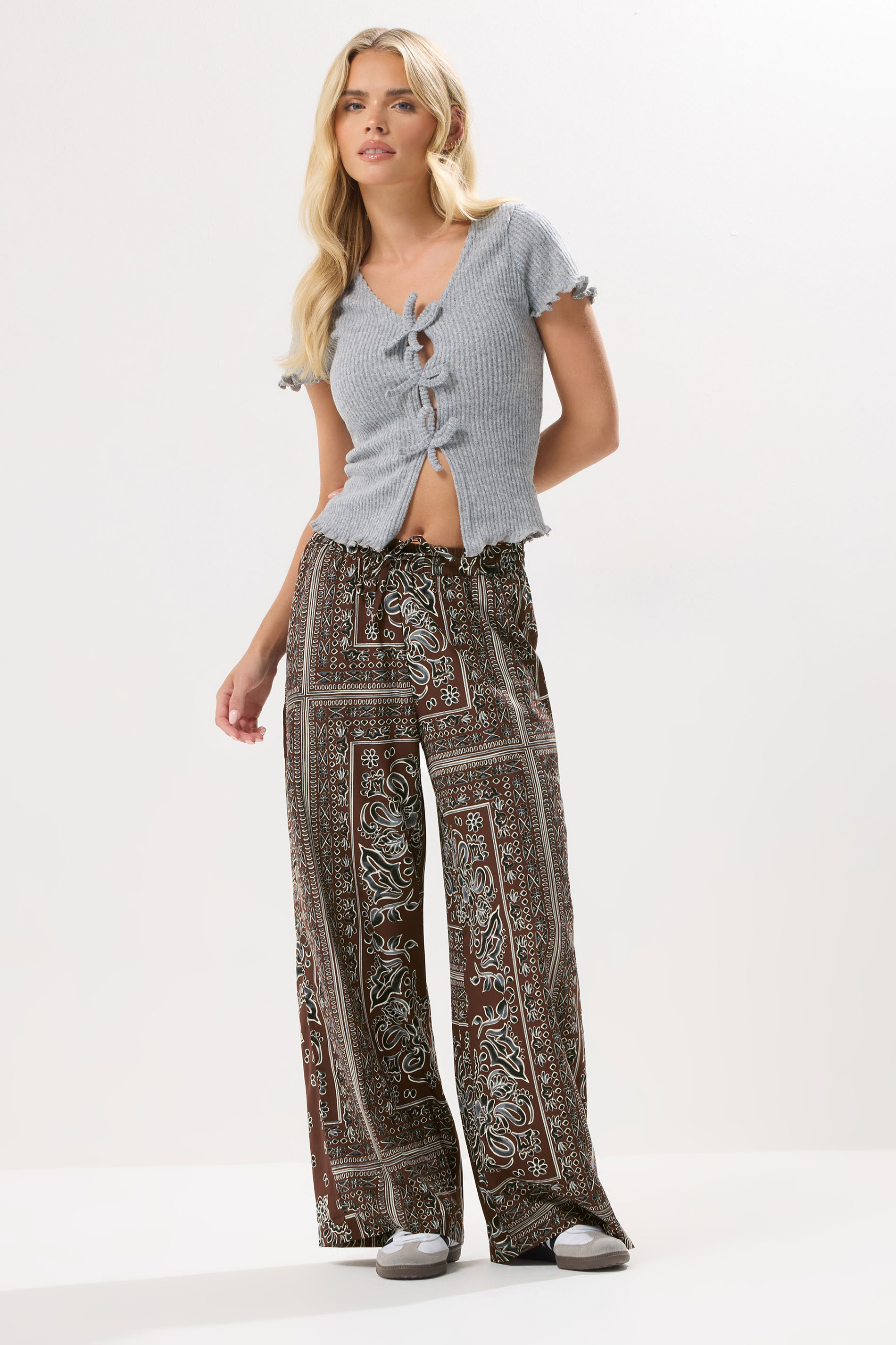 PixieGirl Petite Women's Brown Paisley Tie Waist Trousers | PixieGirl 1