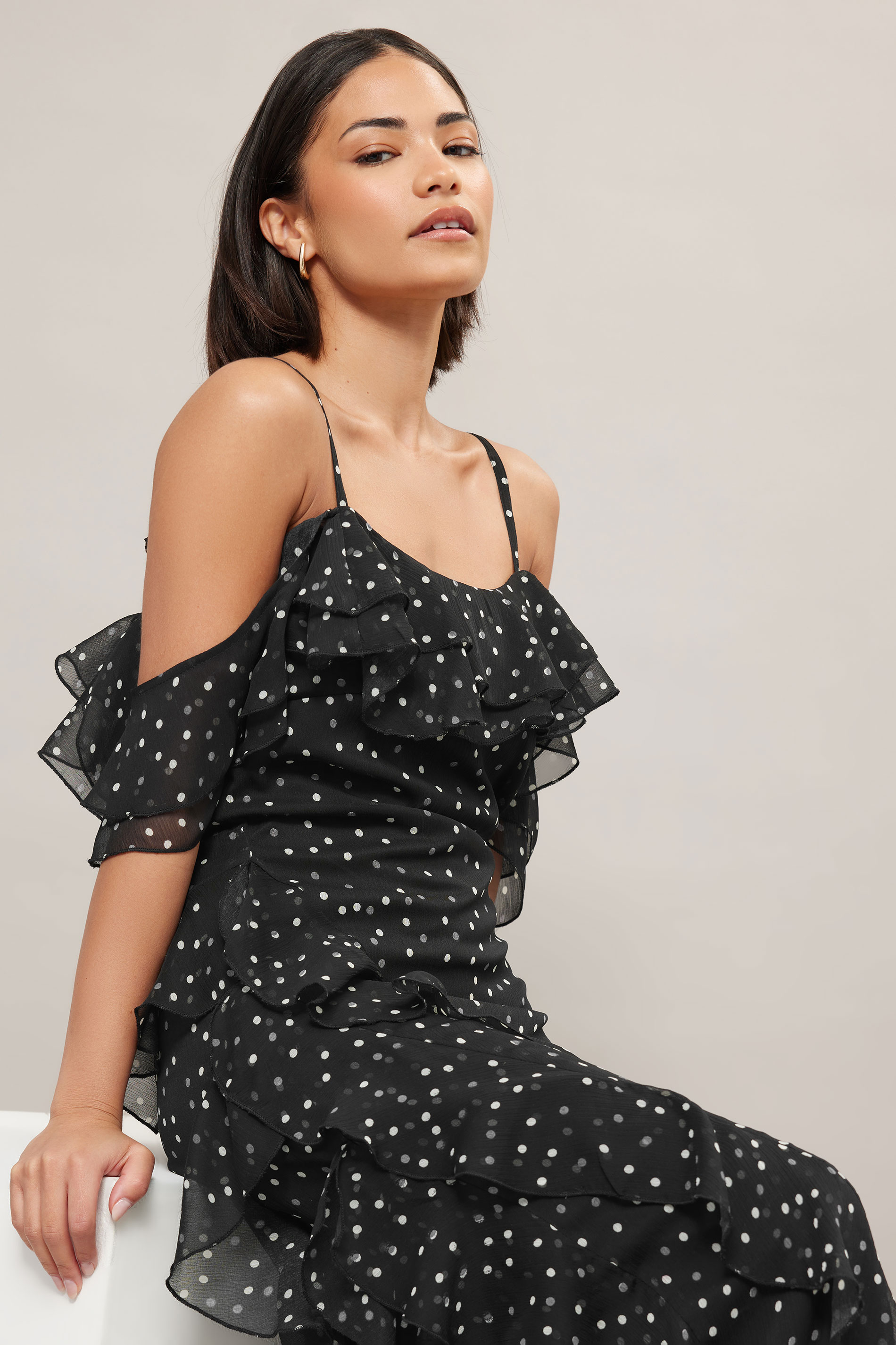 PixieGirl Petite Women's Black Chiffon Spot Ruffle Maxi Dress | PixieGirl 5