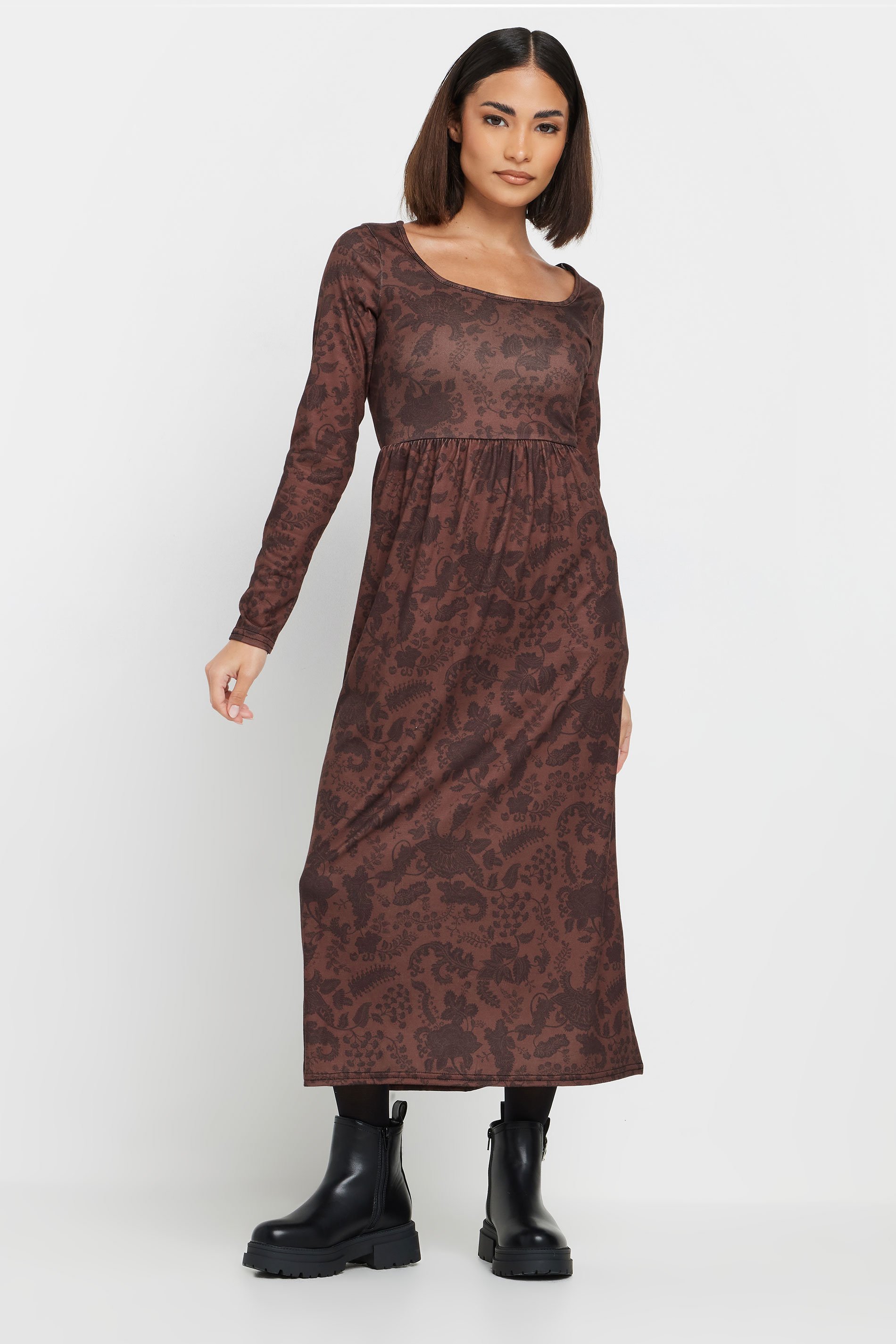 PixieGirl Petite Women's Brown Paisley Print Midi Tea Dress | PixieGirl 1