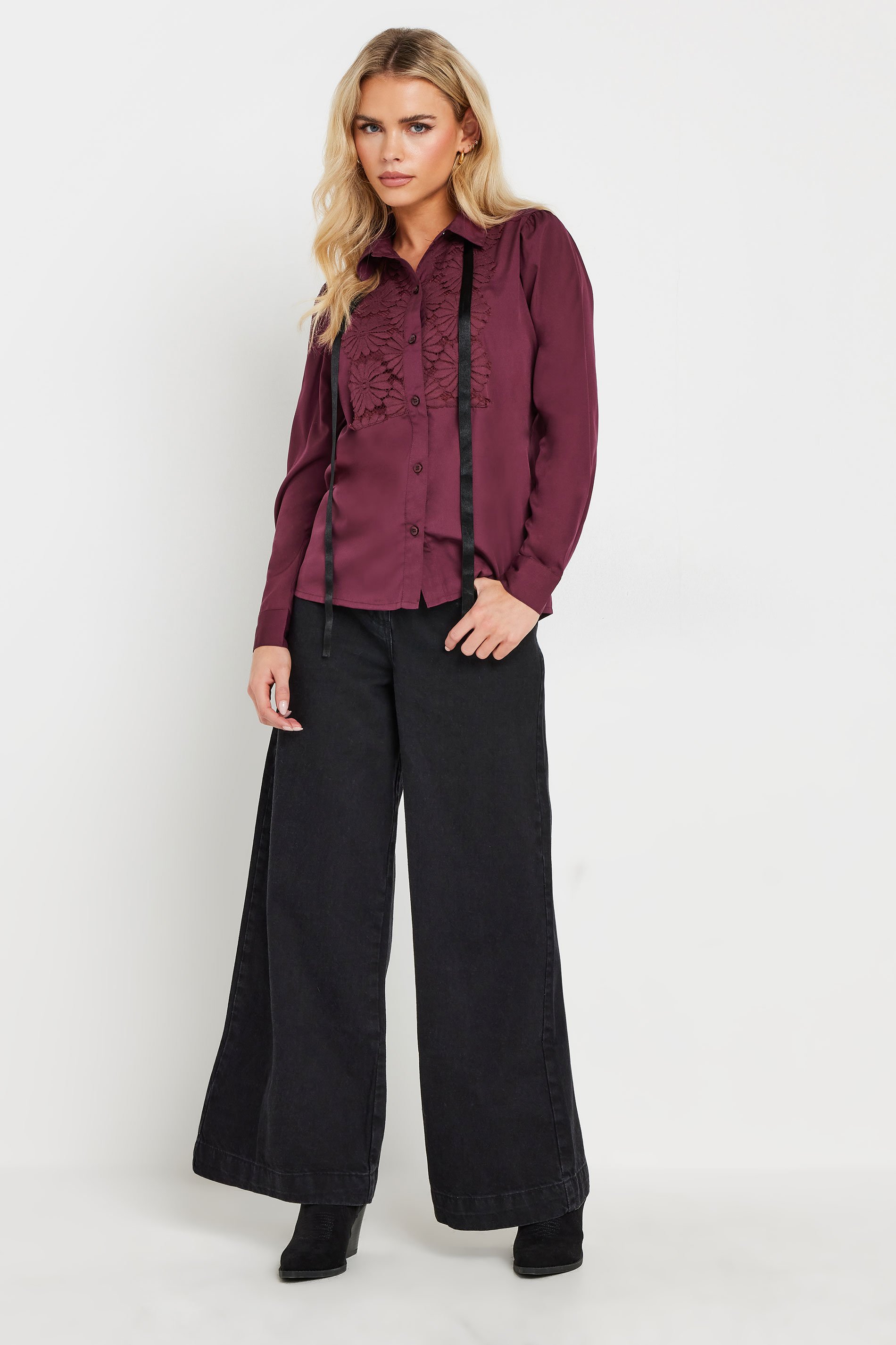 PixieGirl Petite Women's Burgundy Red Lace Trim Tie Neck Shirt | PixieGirl 2