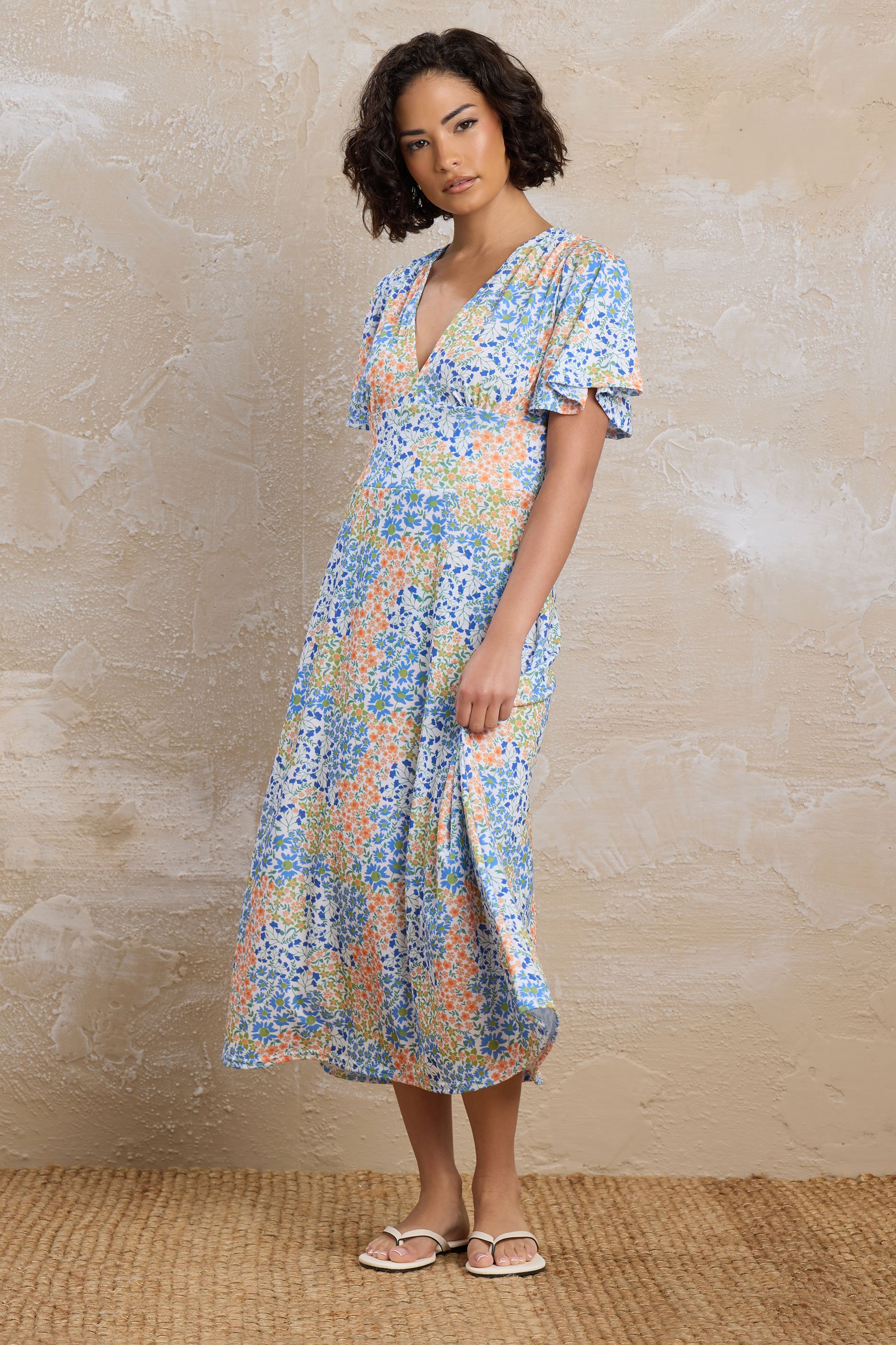 PixieGirl Petite Women's Blue Floral Flutter Sleeve Midi Dress | PixieGirl 1