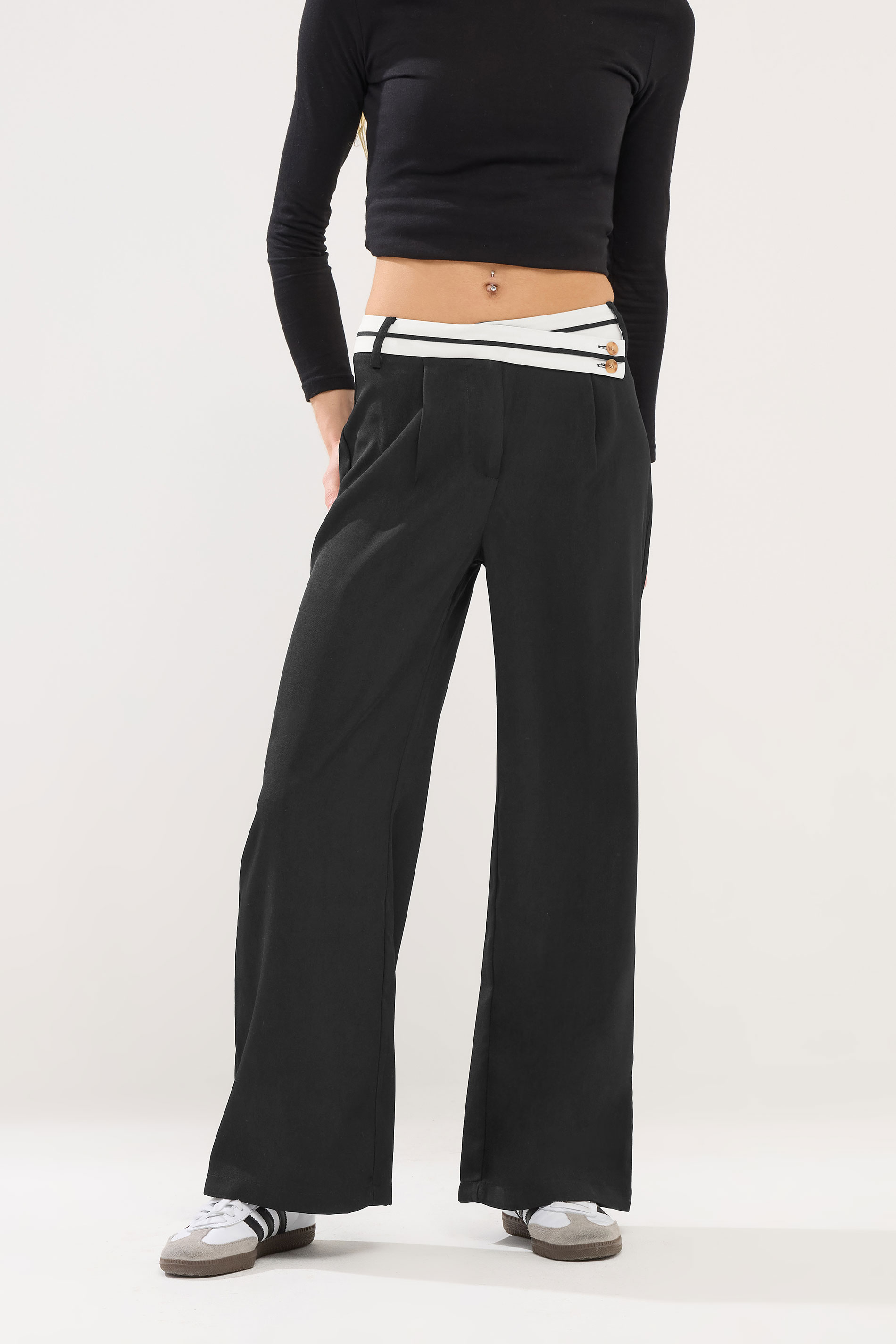 PixieGirl Petite Women's Black Cross Over Contrast Waistband Trousers | PixieGirl 2
