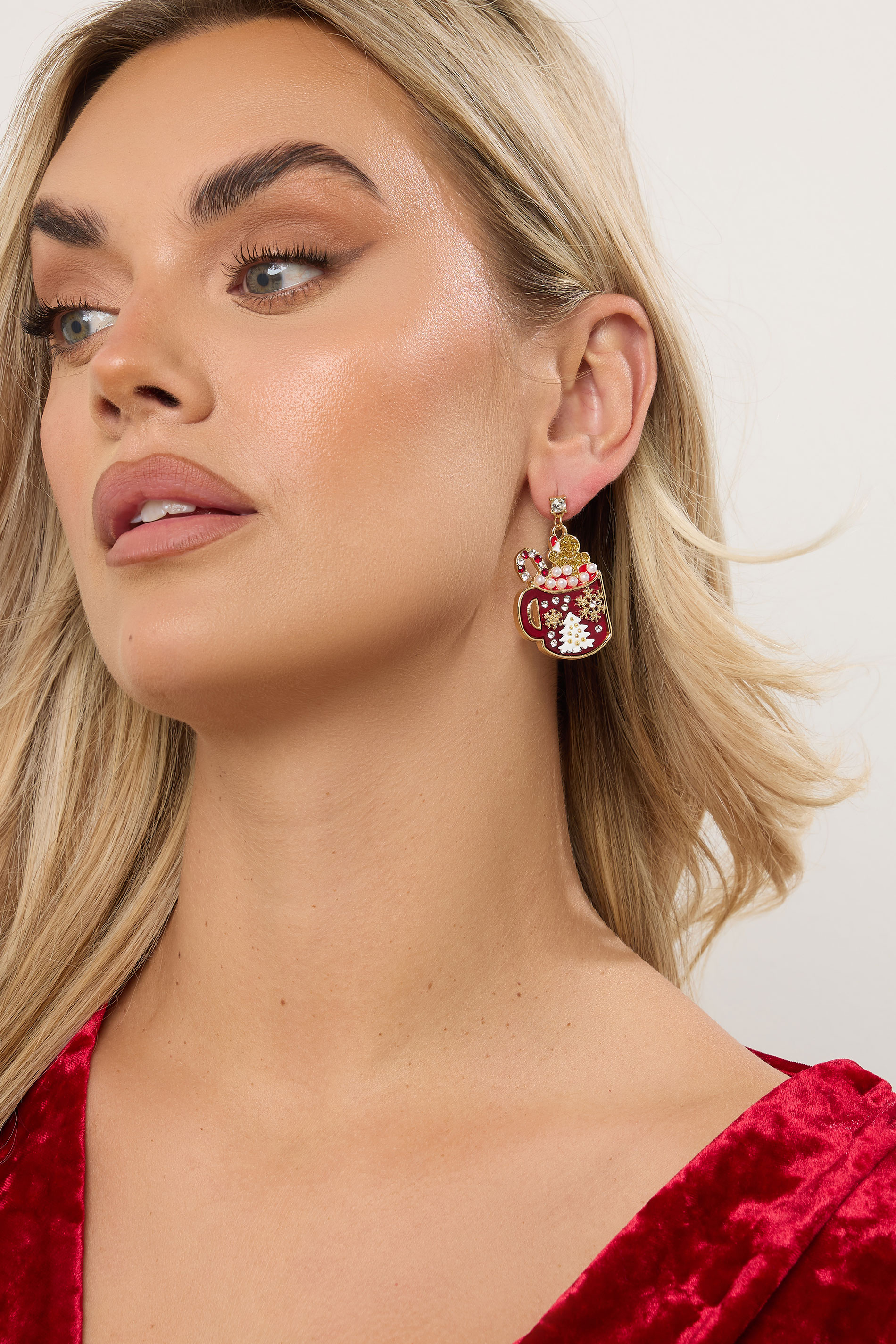 Gold Tone Hot Chocolate Christmas Novelty Earrings | Yours Clothing 1
