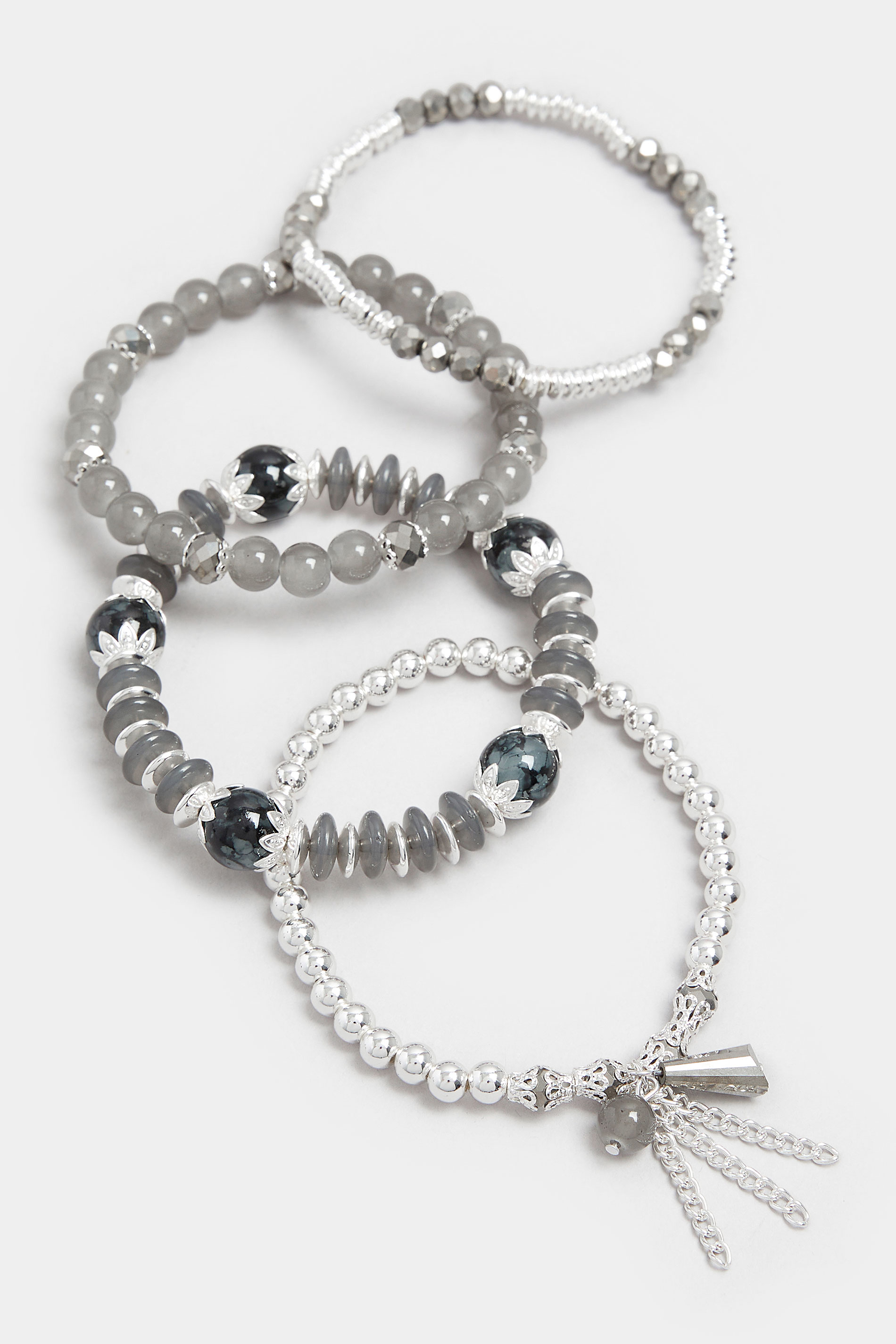 4 PACK Silver Tone Beaded Stretch Charm Bracelets | Yours Clothing 2
