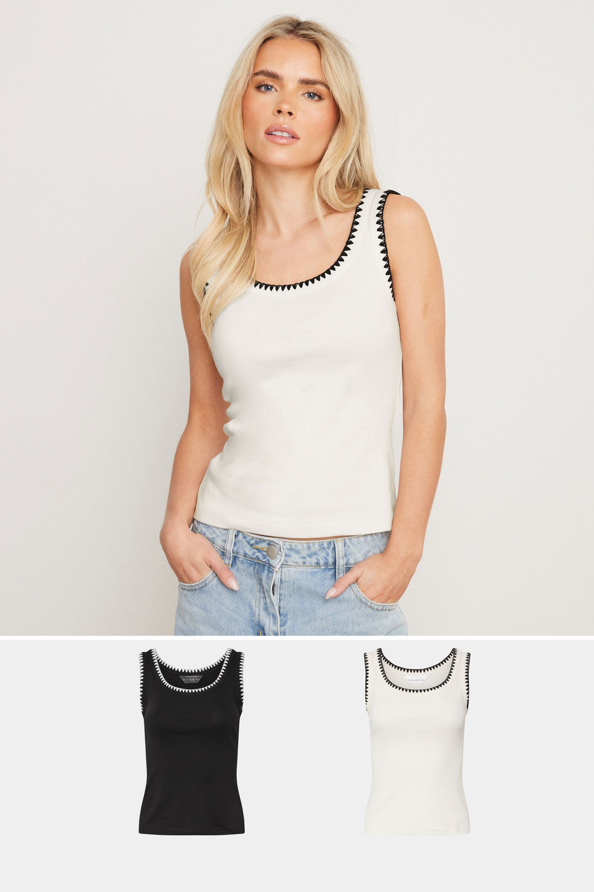 PixieGirl Petite Women's 2 PACK Black & White Contrast Stitch Vest Tops | PixieGirl 1