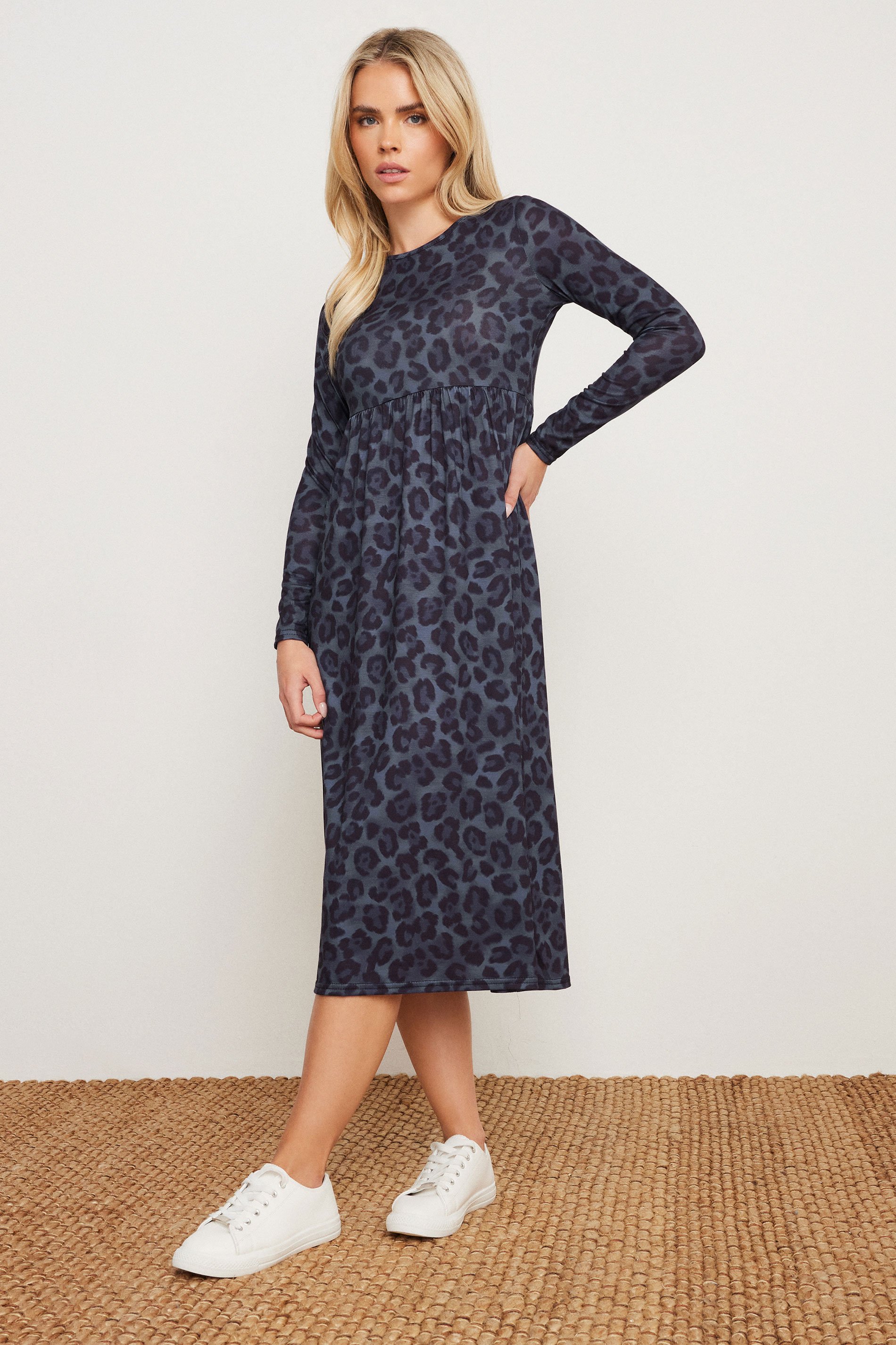 PixieGirl Petite Women's Navy Blue Leopard Print Smock Dress | PixieGirl 1