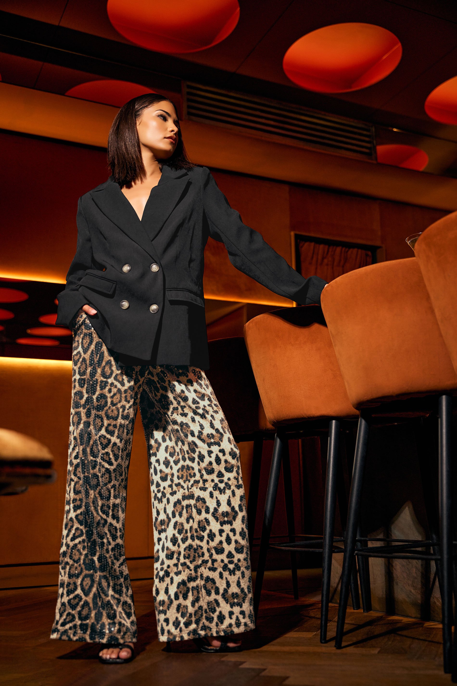 PixieGirl Petite Women's Brown Animal Sequin Wide Leg Trousers | PixieGirl 1