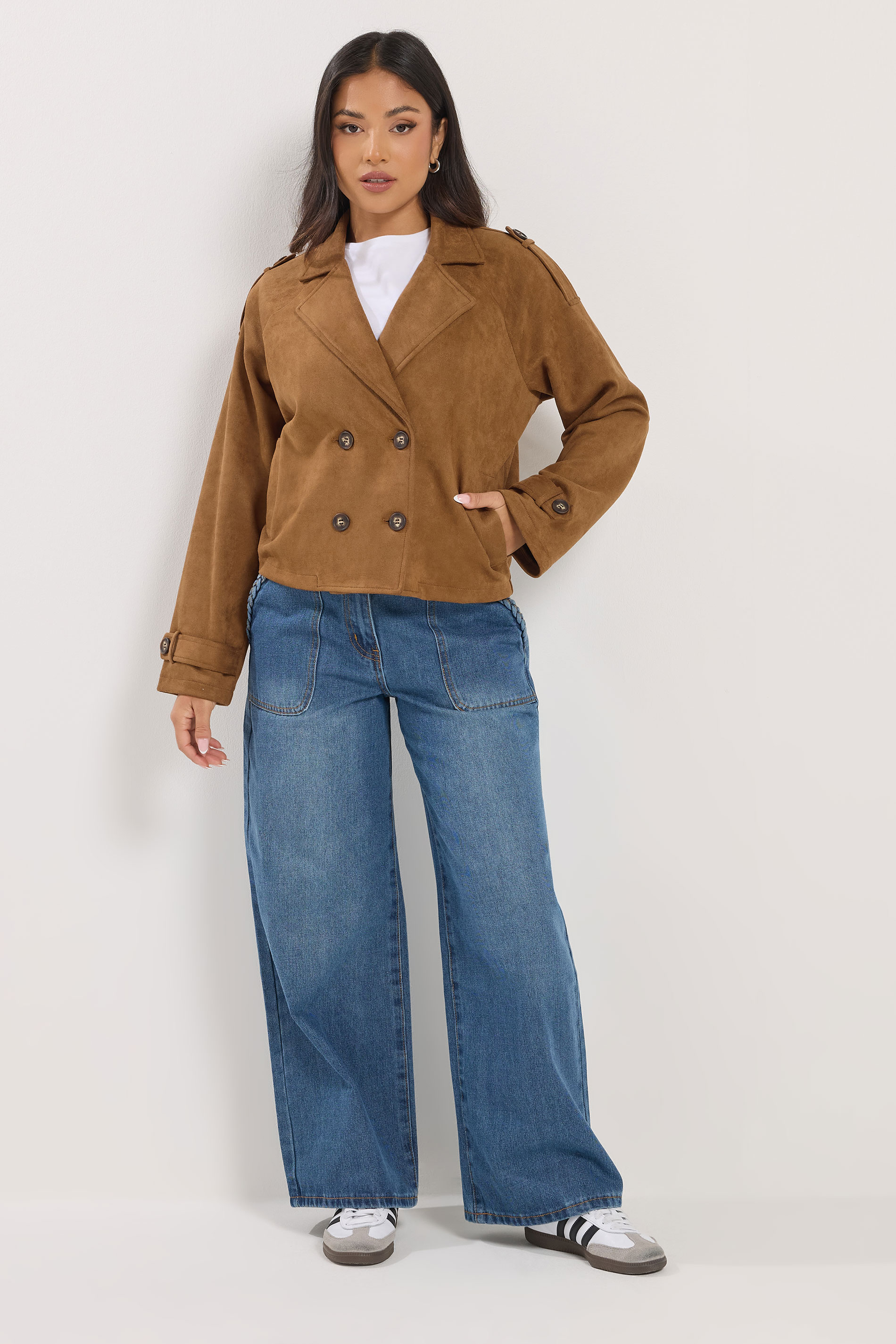 PixieGirl Petite Women's Brown Faux Suede Cropped Trench Coat | PixieGirl 3