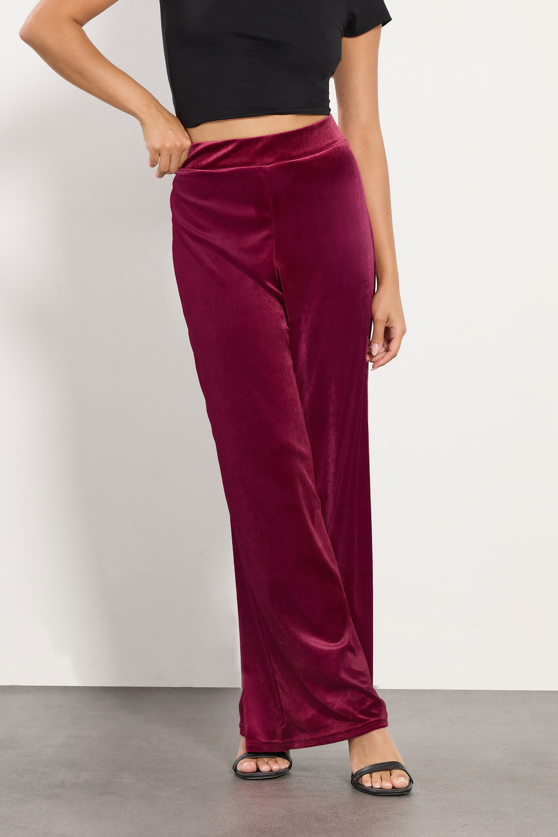 PixieGirl Petite Women's Burgundy Red Velour Wide Leg Trousers | PixieGirl 2