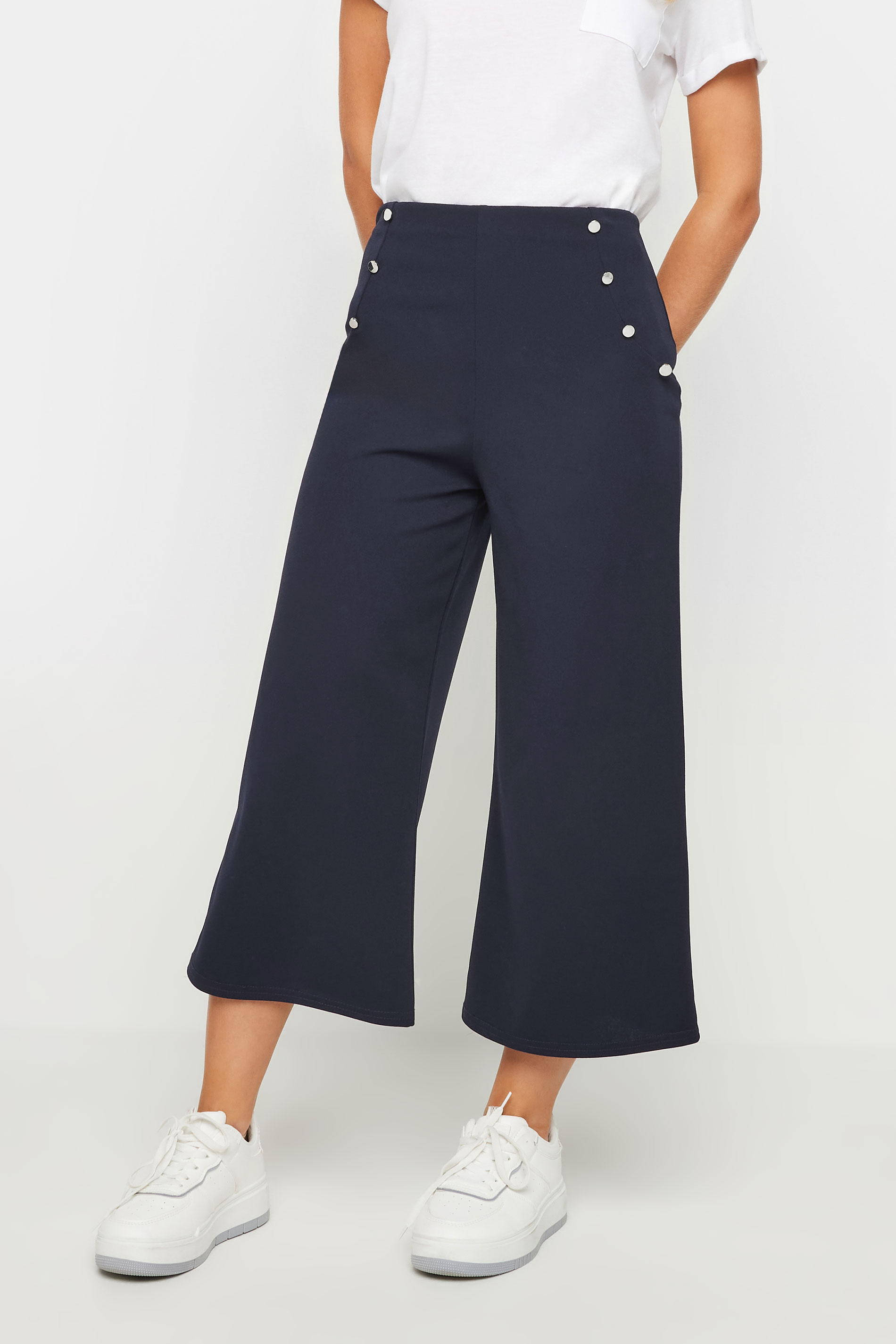 PixieGirl Petite Women's Navy Blue Button Detail Cropped Trousers | PixieGirl 2