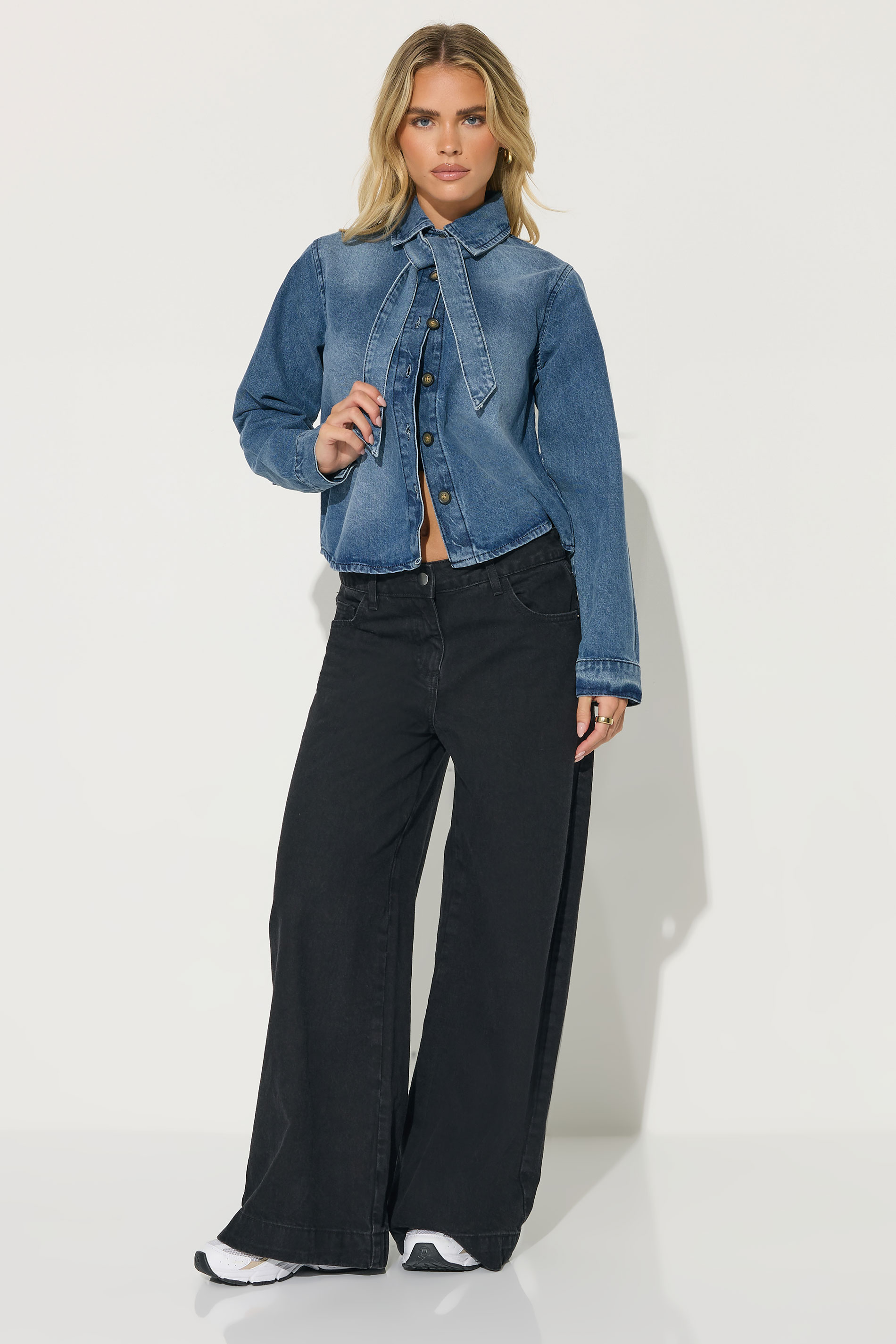 PixieGirl Petite Women's Blue Denim Tie Neck Shirt | PixieGirl 1