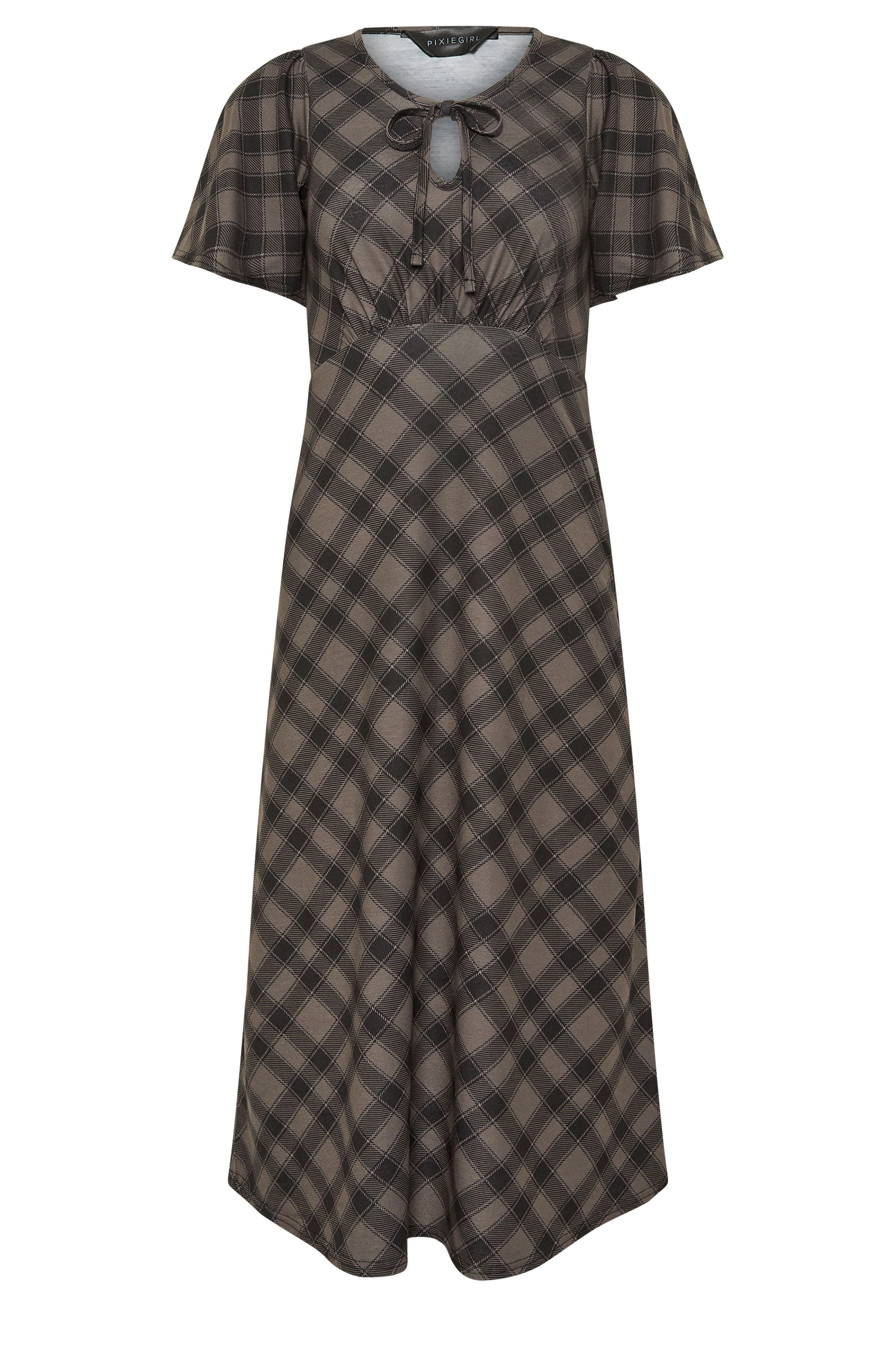 PixieGirl Petite Women's Brown Check Tie Front Midi Dress | PixieGirl 5