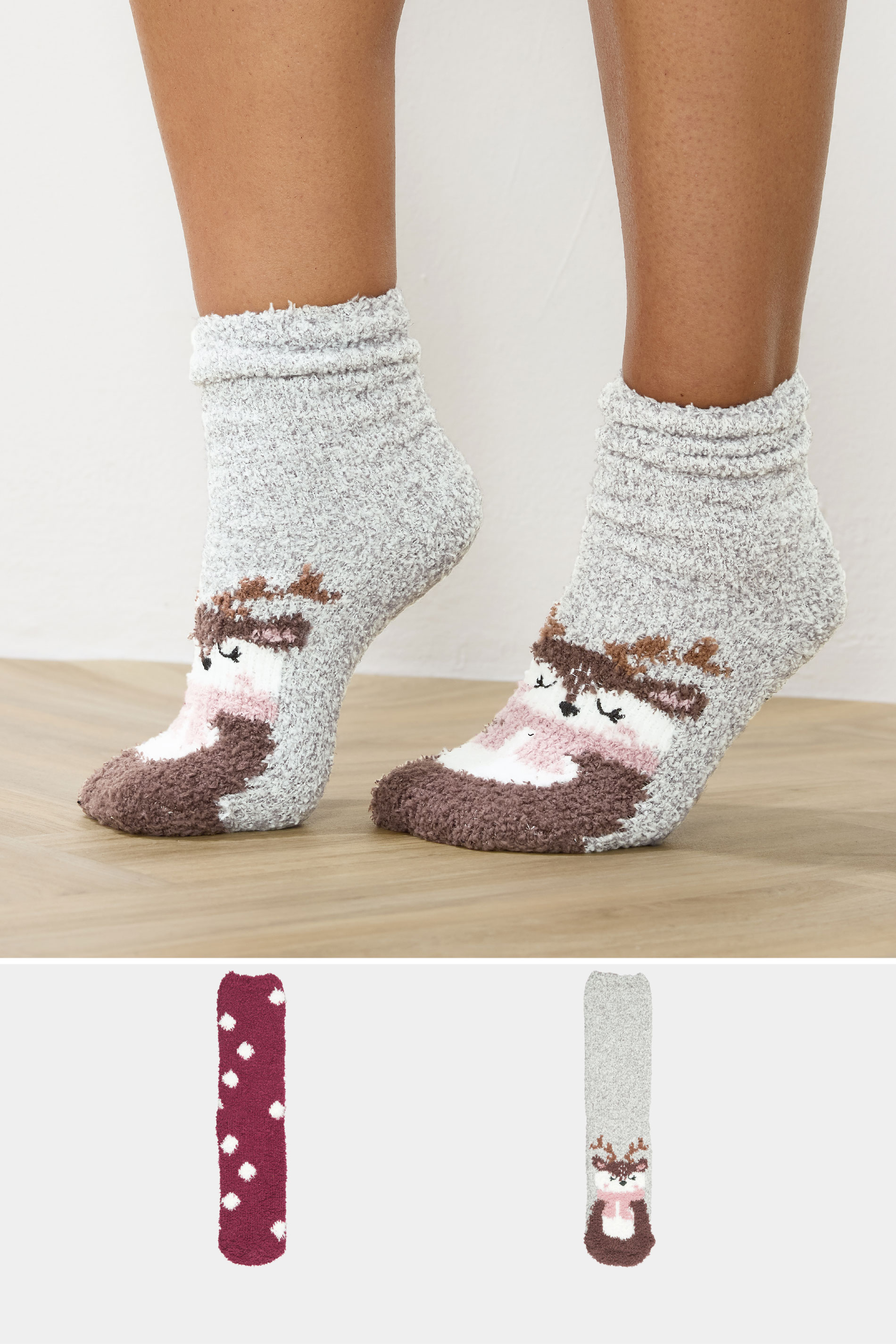 YOURS 2 PACK Plus Size Grey & Red Reindeer Novelty Christmas Fluffy Bed Socks | Yours Clothing 1