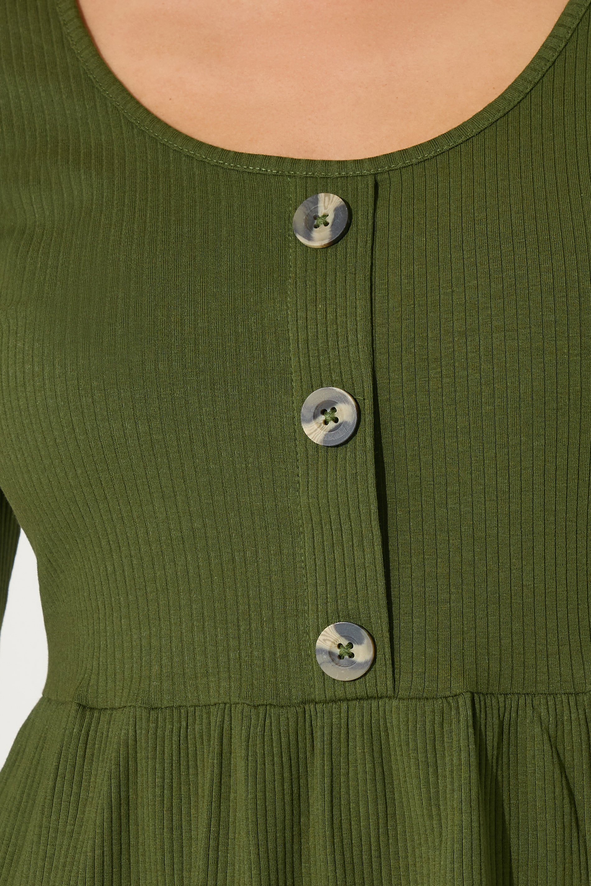PixieGirl Petite Women's Khaki Green Ribbed Button Midaxi Dress | PixieGirl 4