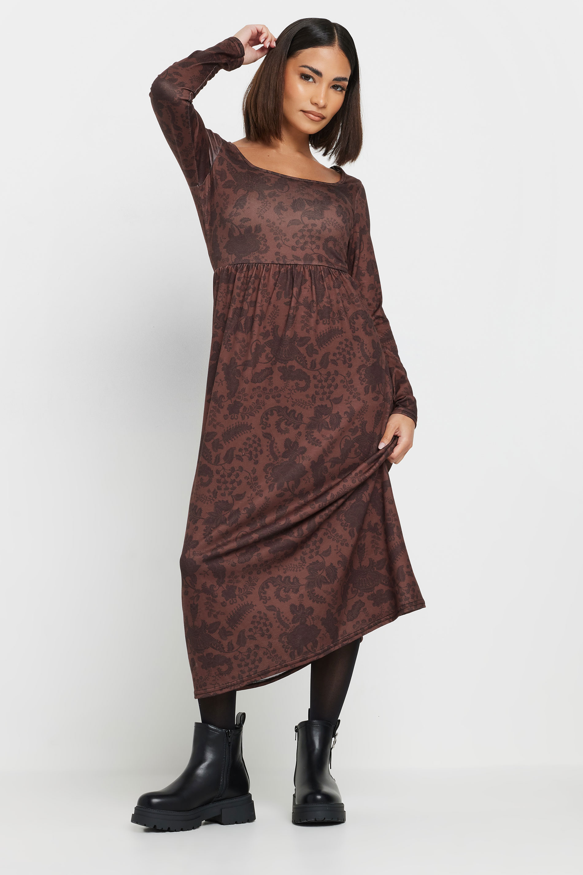 PixieGirl Petite Women's Brown Paisley Print Midi Tea Dress | PixieGirl 2
