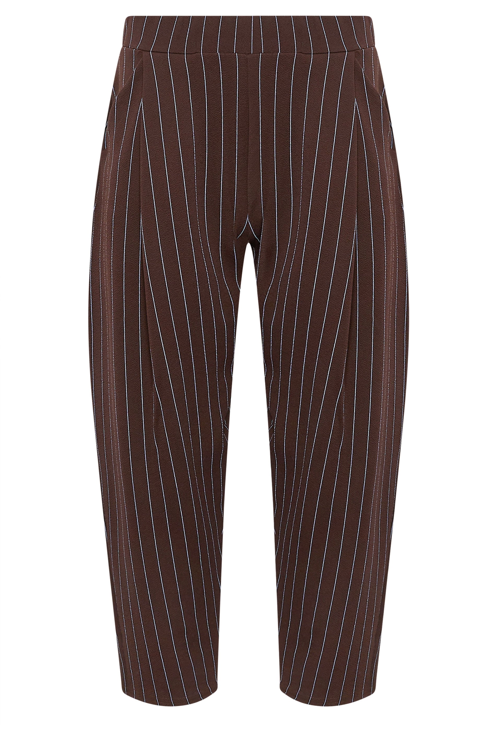 PixieGirl Petite Women's Chocolate Brown Pinstripe Barrel Leg Trousers | PixieGirl 5