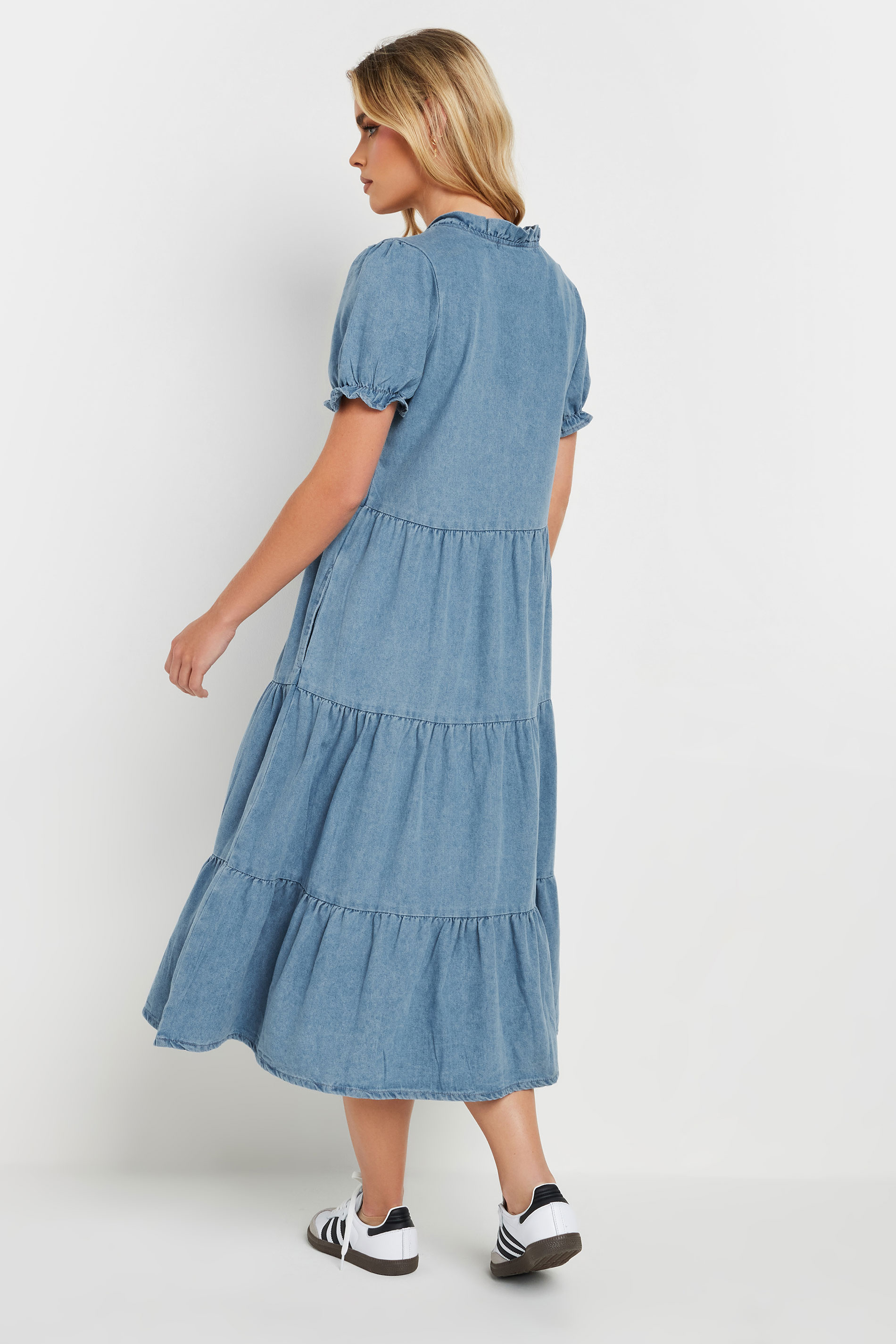 PixieGirl Petite Women's Light Blue Denim Frill Tiered Midi Dress | PixieGirl 4