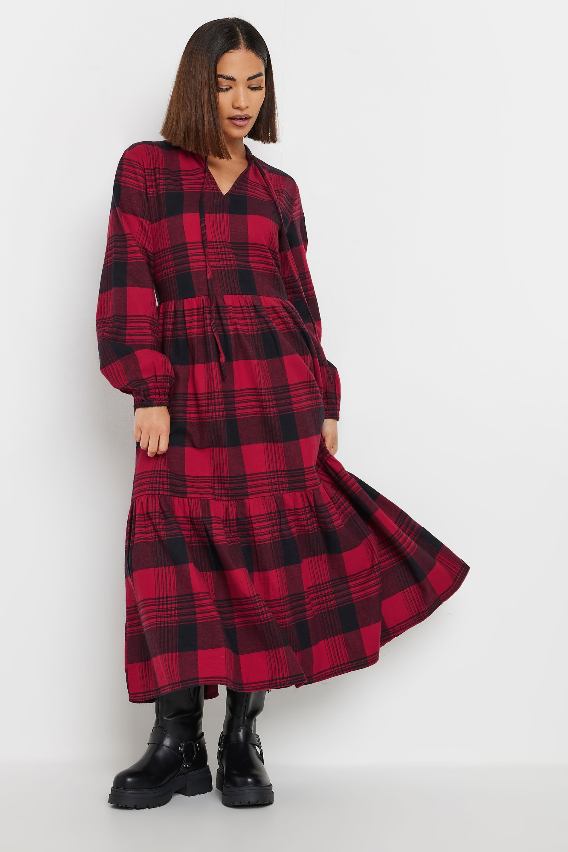 PixieGirl Petite Women's Burgundy Red Check Tiered Midaxi Dress | PixieGirl 1